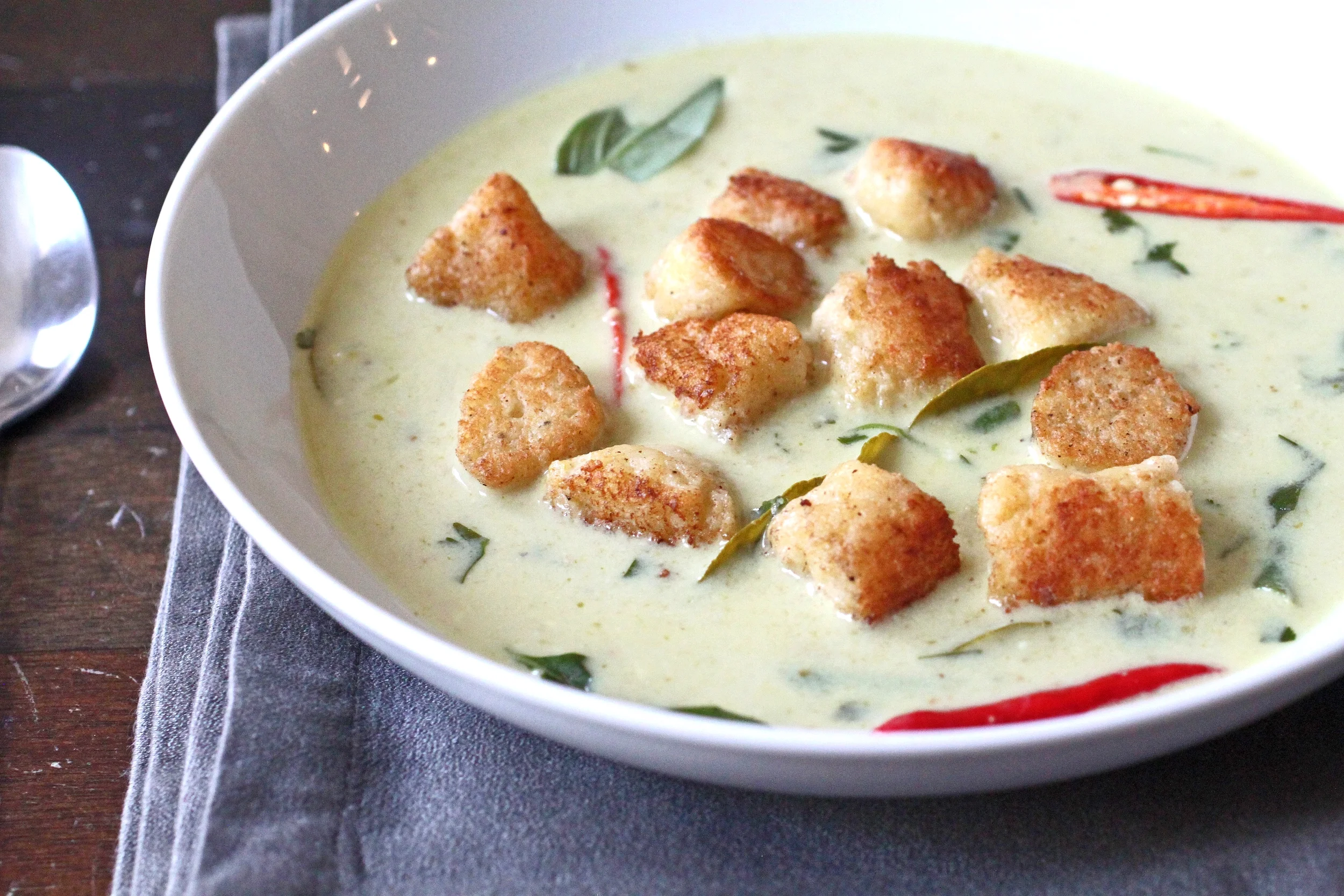 Smoked Ricotta Gnocchi with Ramps, Favas & Thai Green Curry