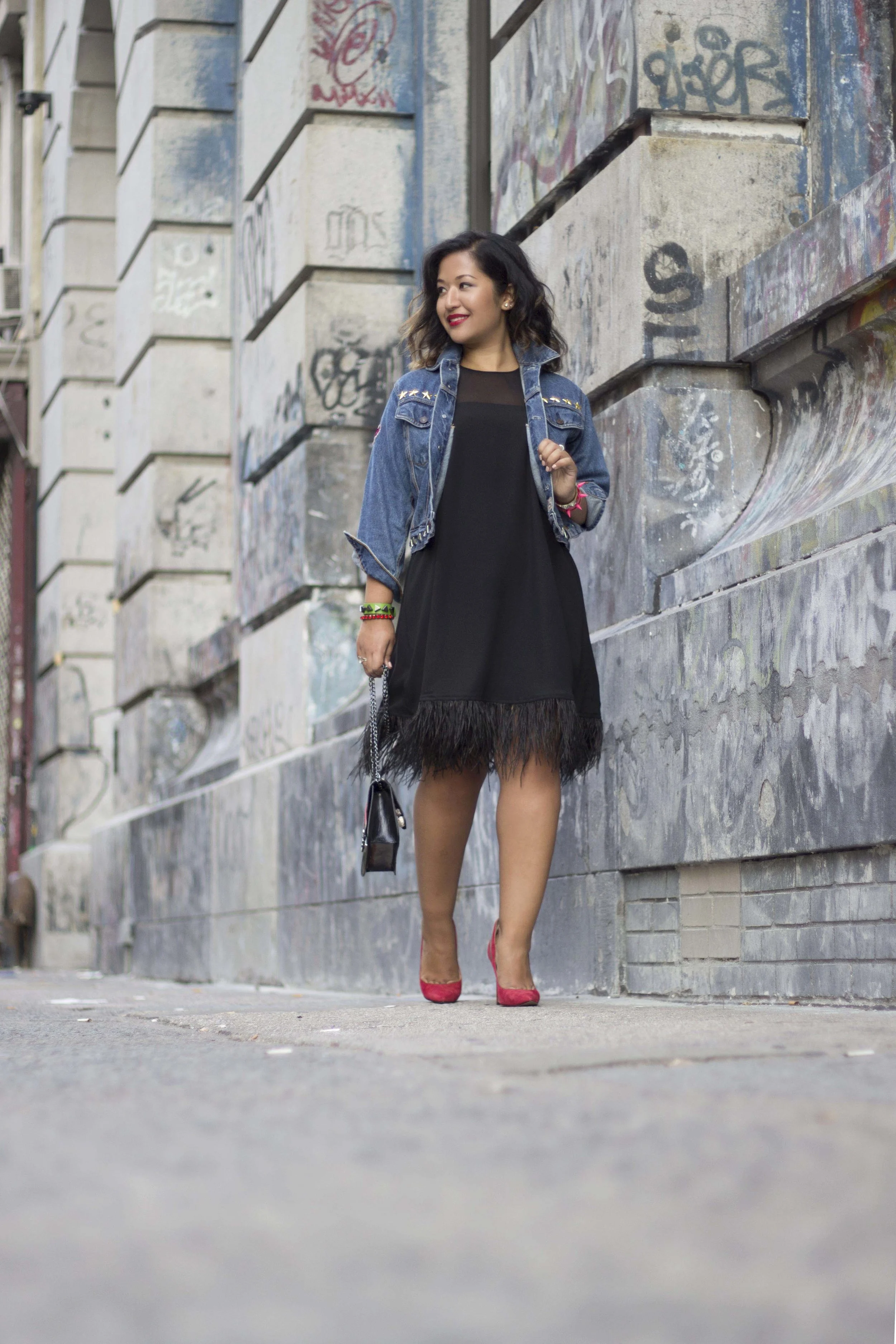 cocktail dress with denim jacket