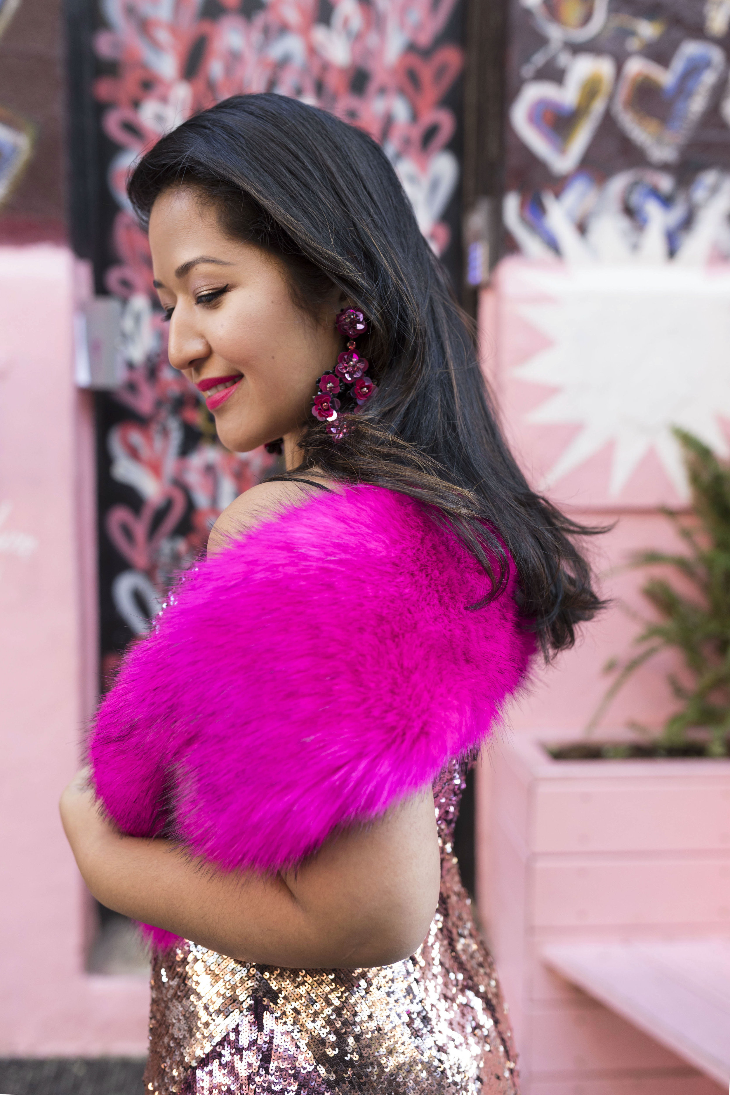 Krity S x New Years Eve Outfit x Aidan Mattox Color Block Pink Sequin Short Dress with Forever 21 Faux Fur Scarf 7.jpg