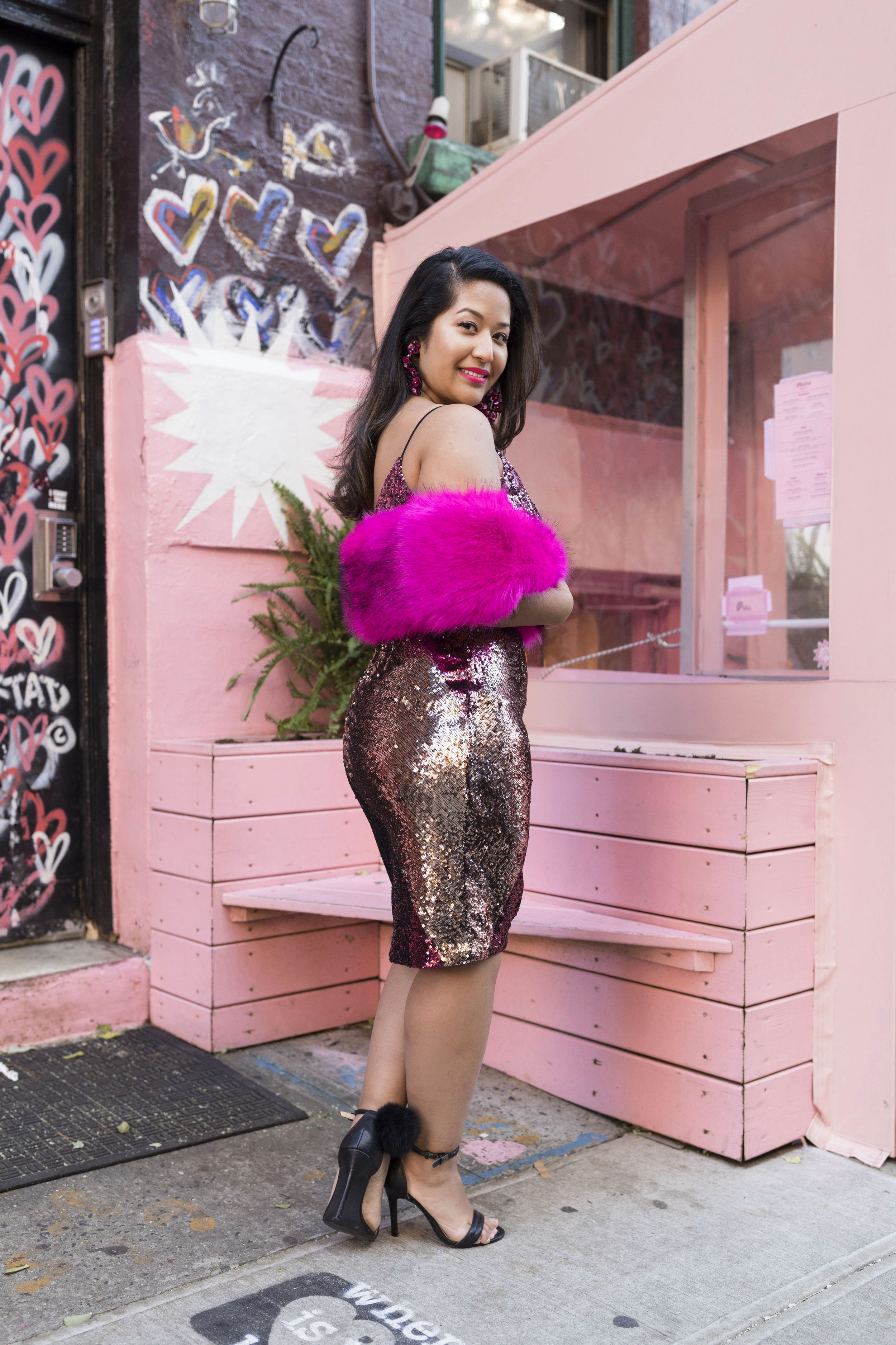 Krity S x New Years Eve Outfit x Aidan Mattox Color Block Pink Sequin Short Dress with Forever 21 Faux Fur Scarf 10.jpg