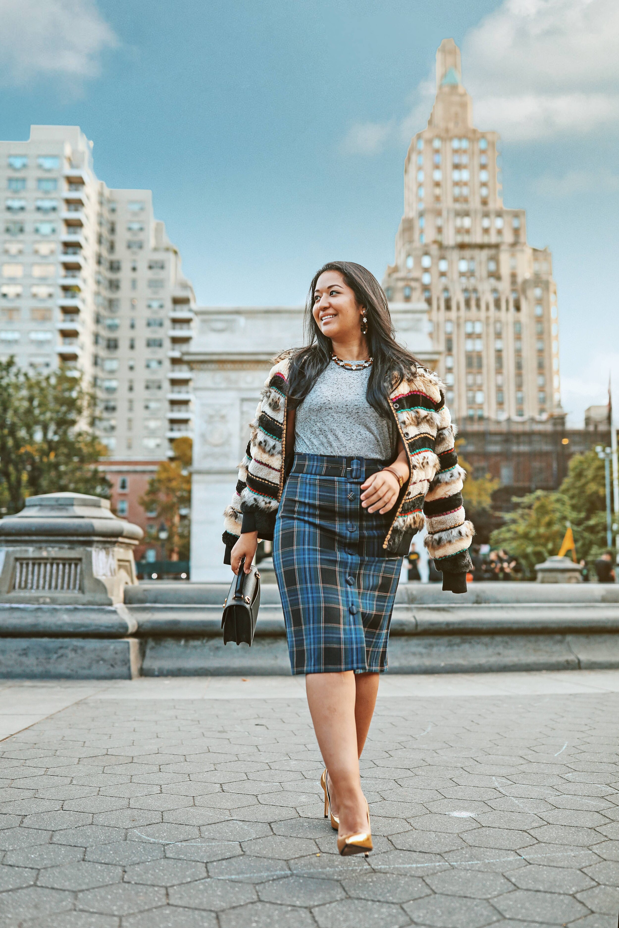 Anthropology Fur Bomber and Plaid Skirt