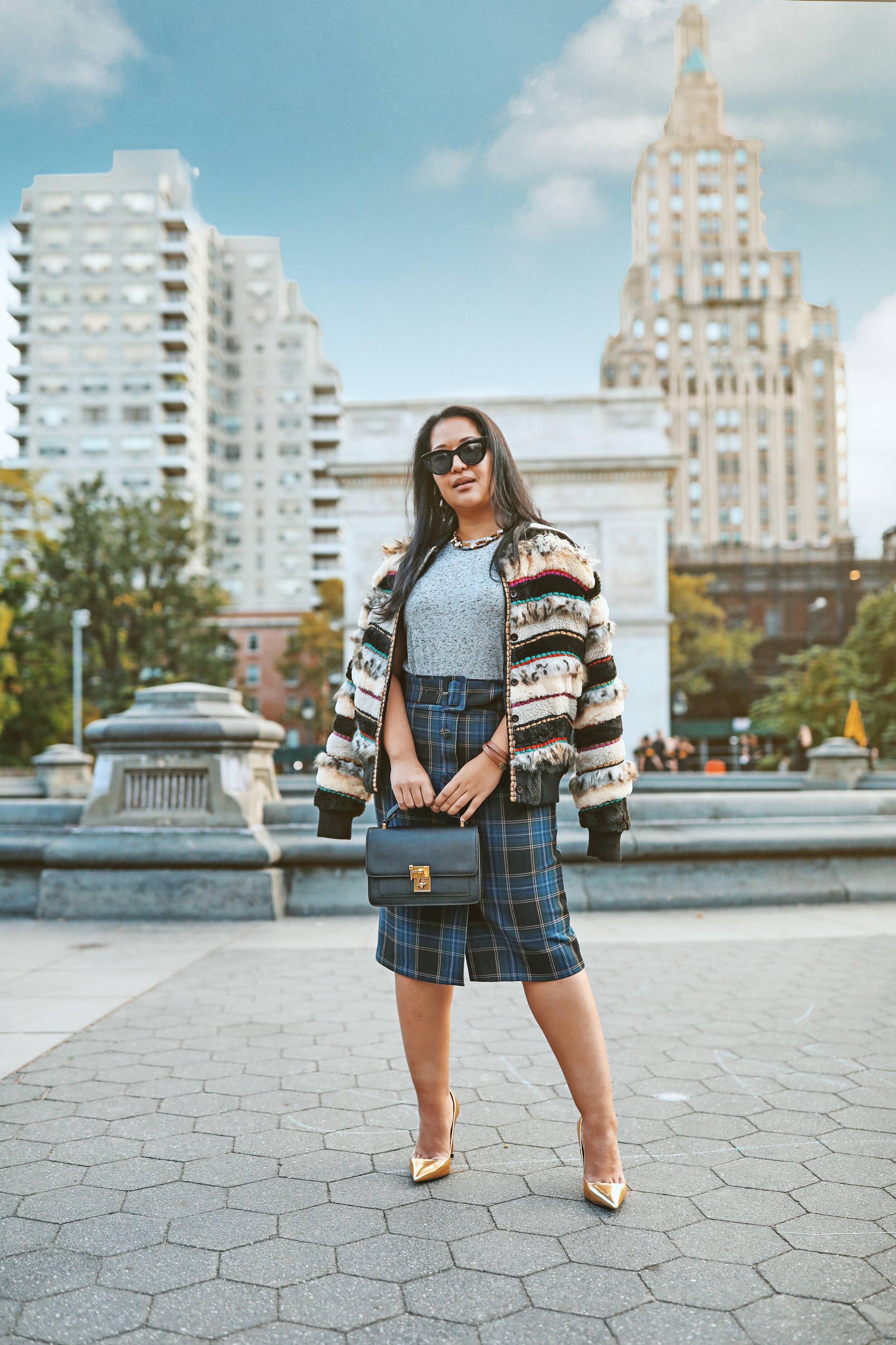 Anthropology Fur Bomber Jacket and Plaid Skirt