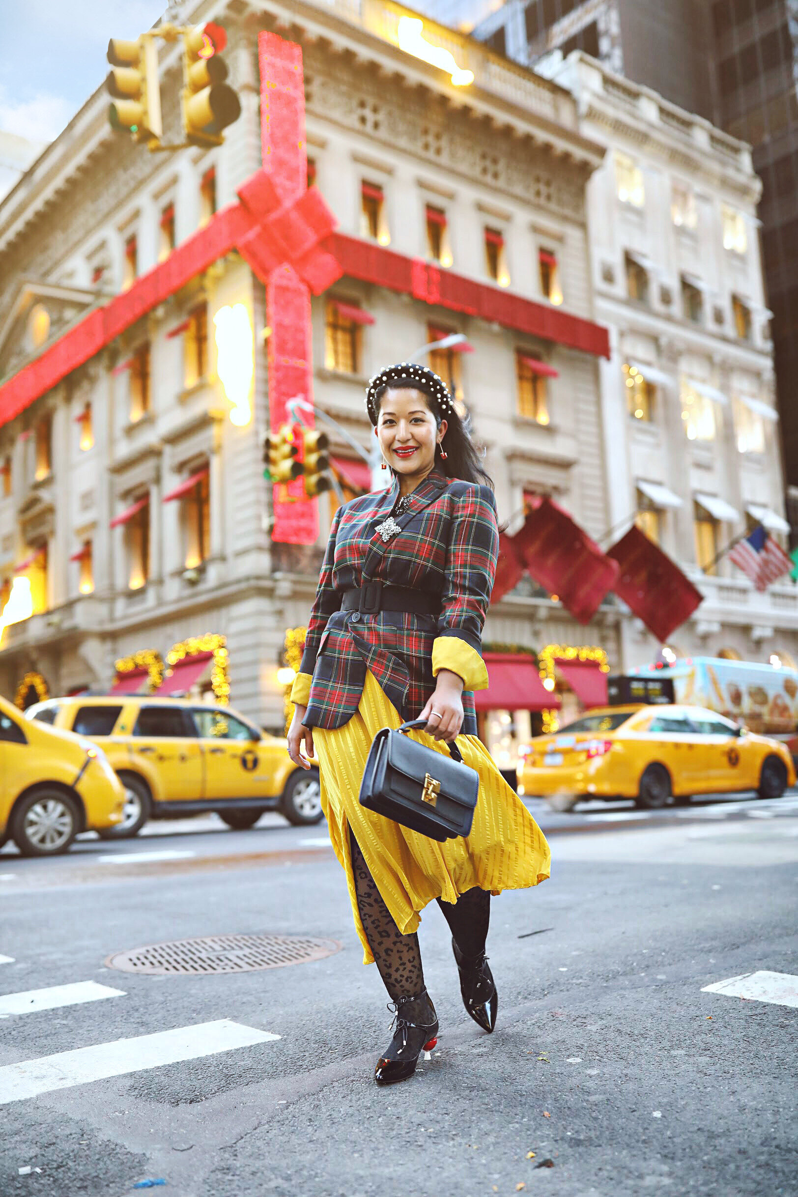 Red Plaid Blazer Holiday Outfit with Yellow Skirt