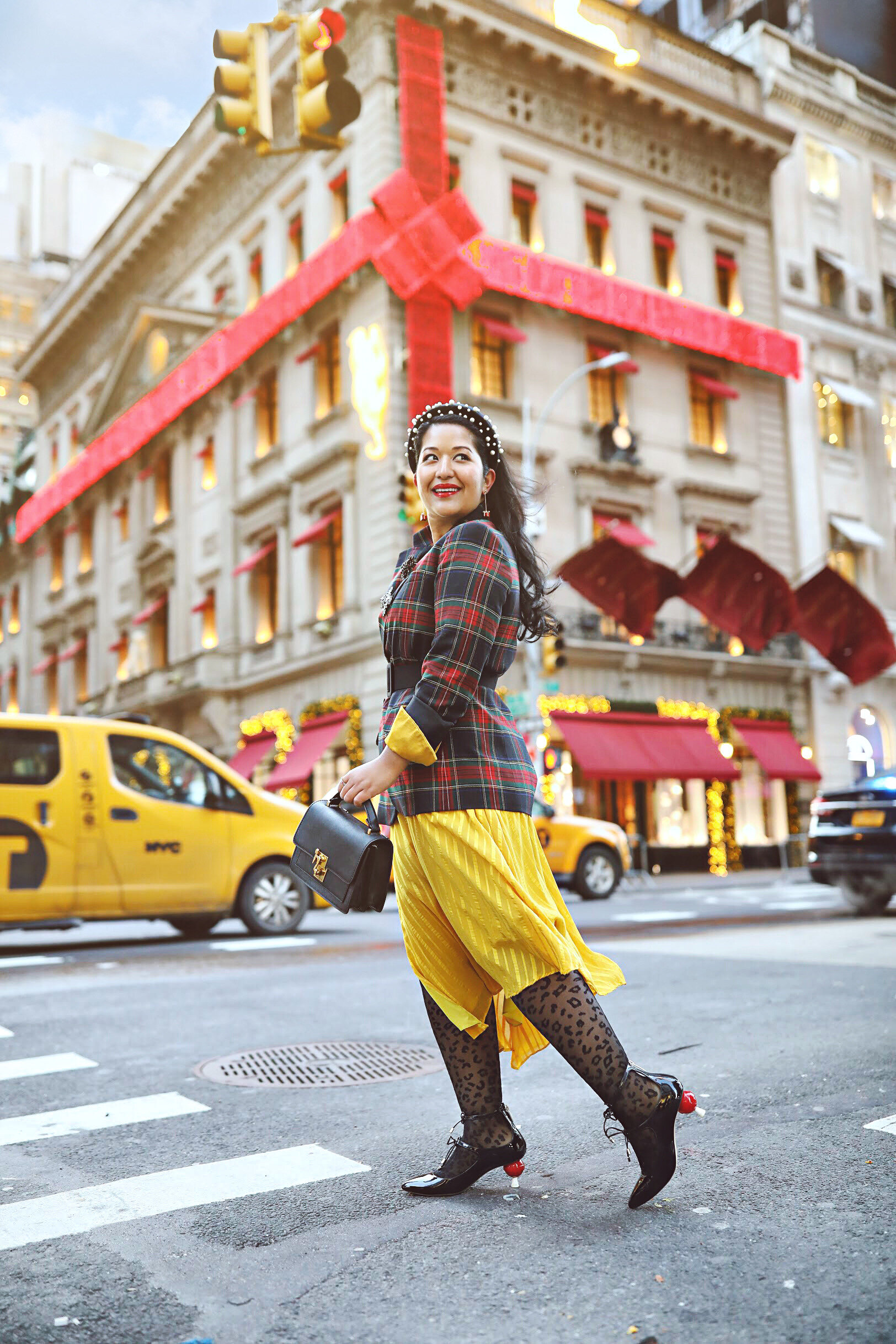 Red Plaid Blazer Holiday Outfit with Yellow Skirt