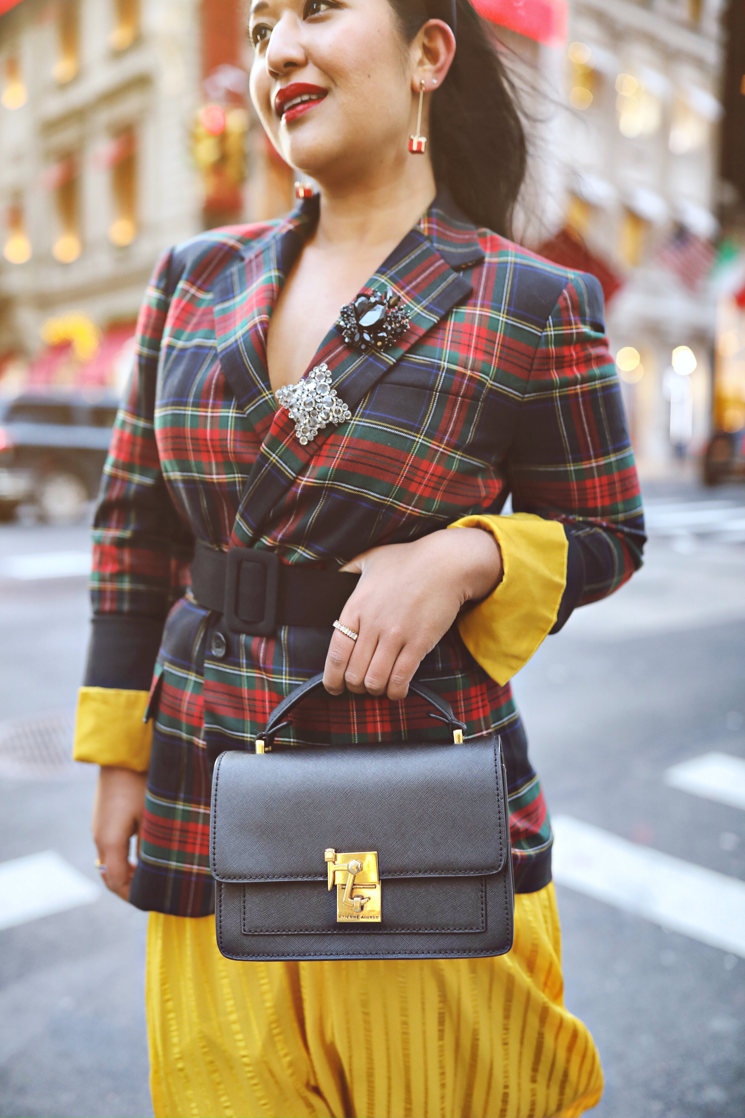 Red Plaid Blazer Holiday Outfit with Yellow Skirt Etienne Aigner Leah Crossbody