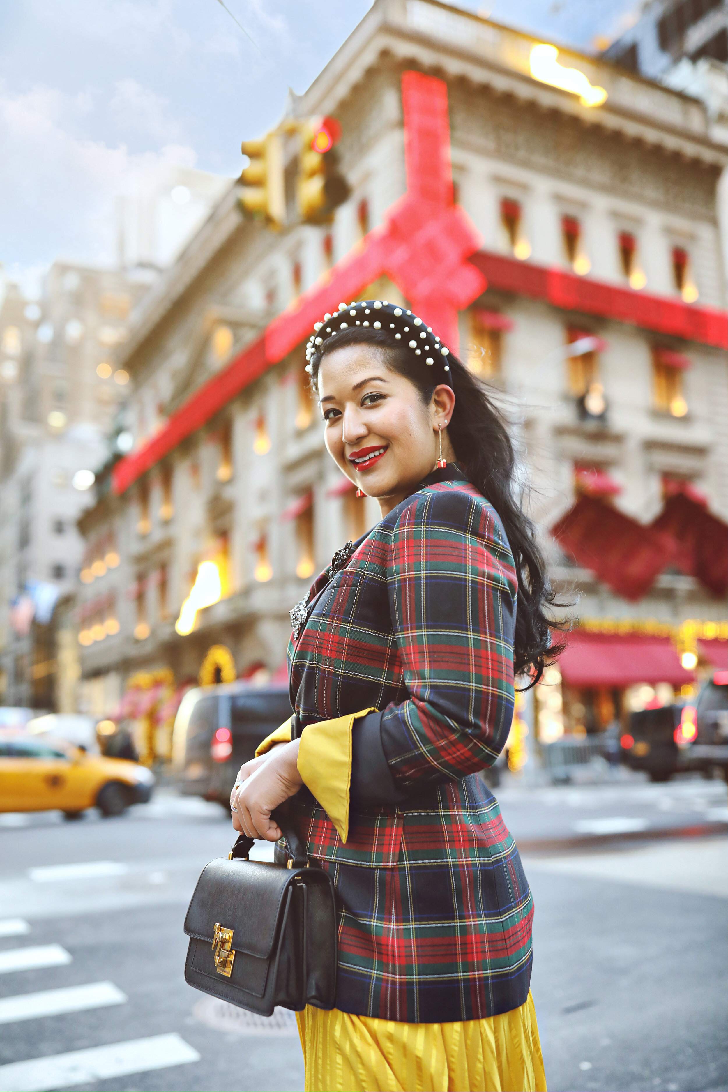 Pearl Headband and plaid blazer