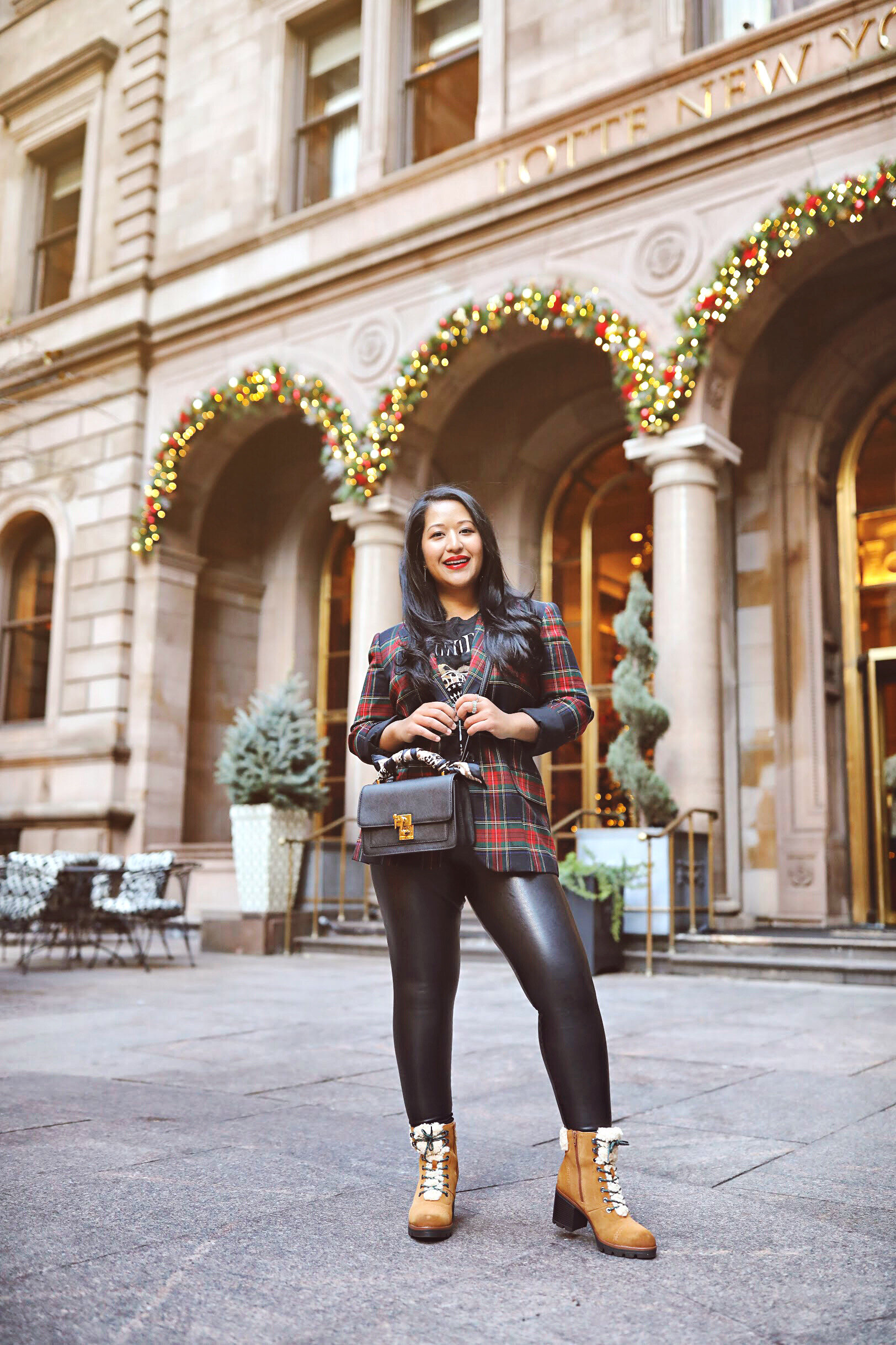 Red Plaid Blazer Commando Leather Leggings and Naturalizer Boots