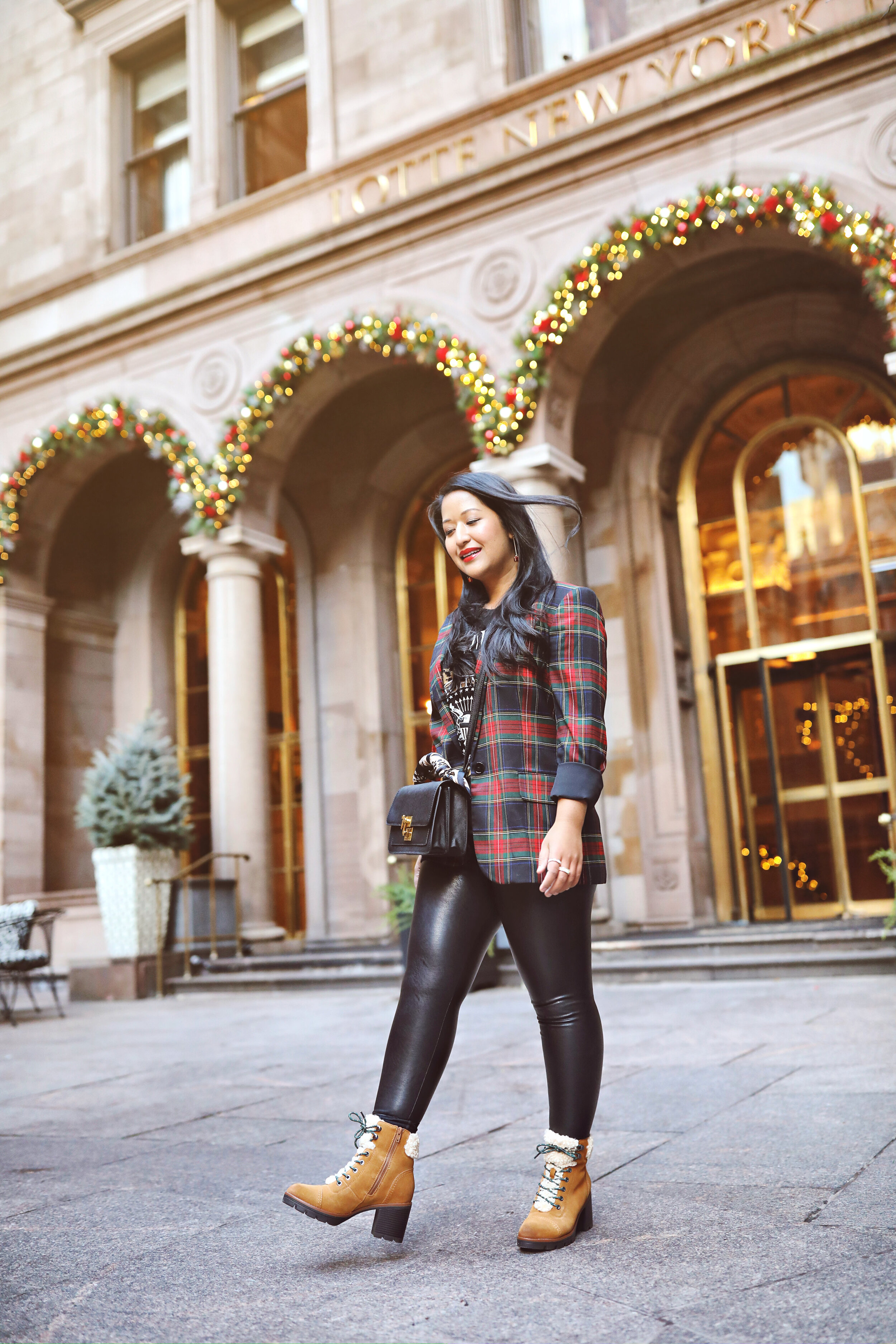 Red Plaid Blazer Commando Leather Leggings and Naturalizer Boots