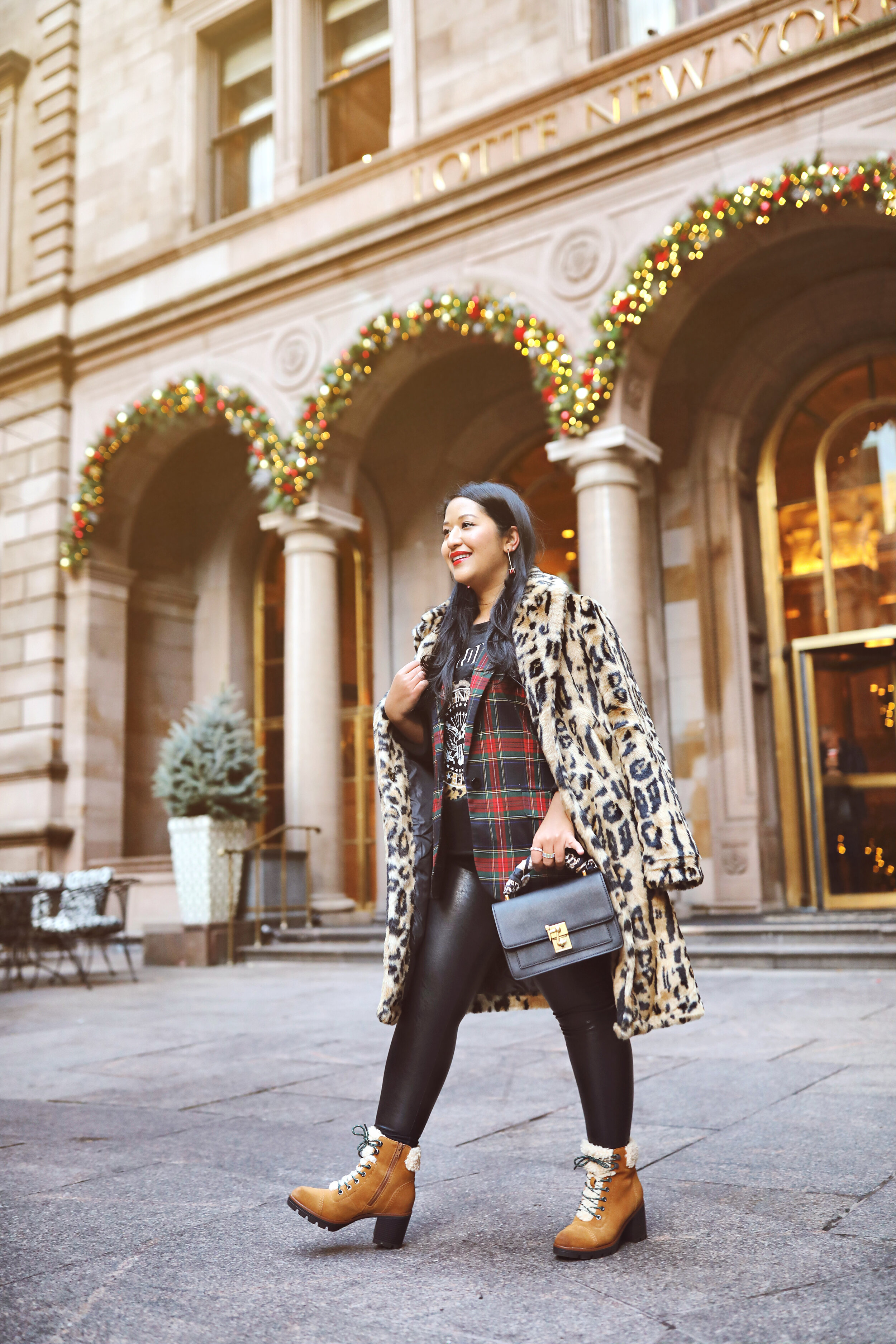 Red Plaid Blazer Commando Leather Leggings and Naturalizer Boots with Cheetah Print accents