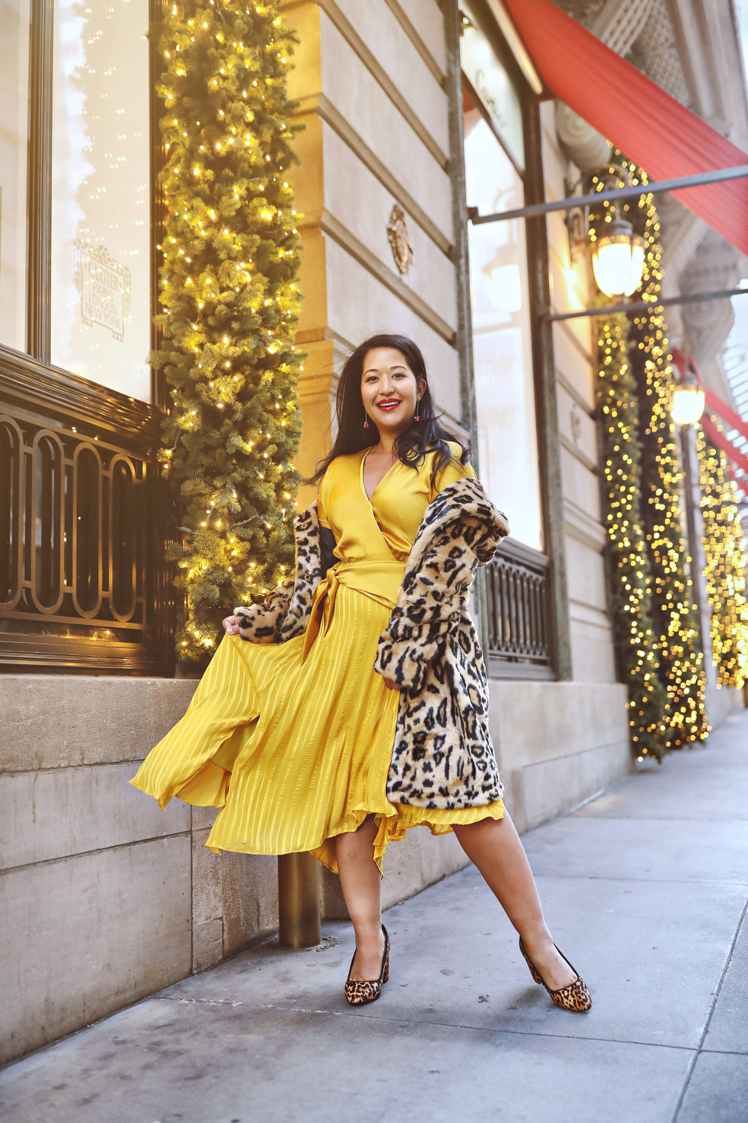 Bold Yellow Dress and Cheetah Faux Fur Coat