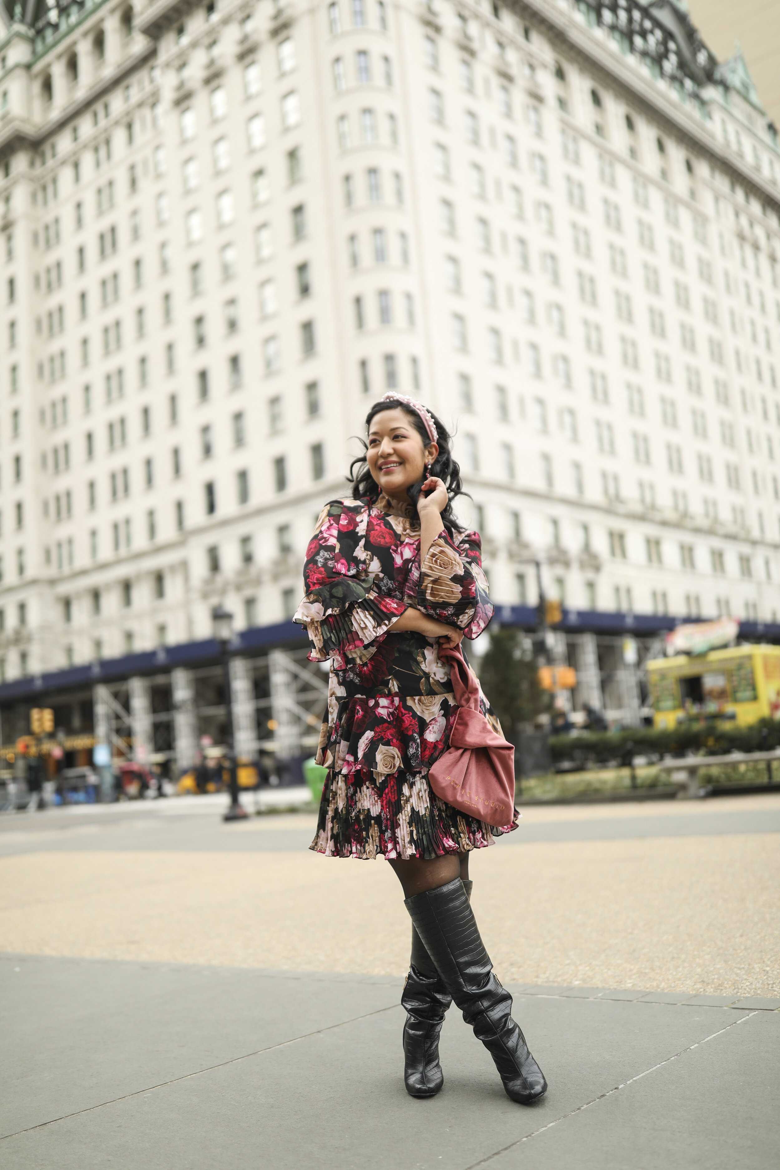 Floral Dress and Black Boots Valentines Day Outfit