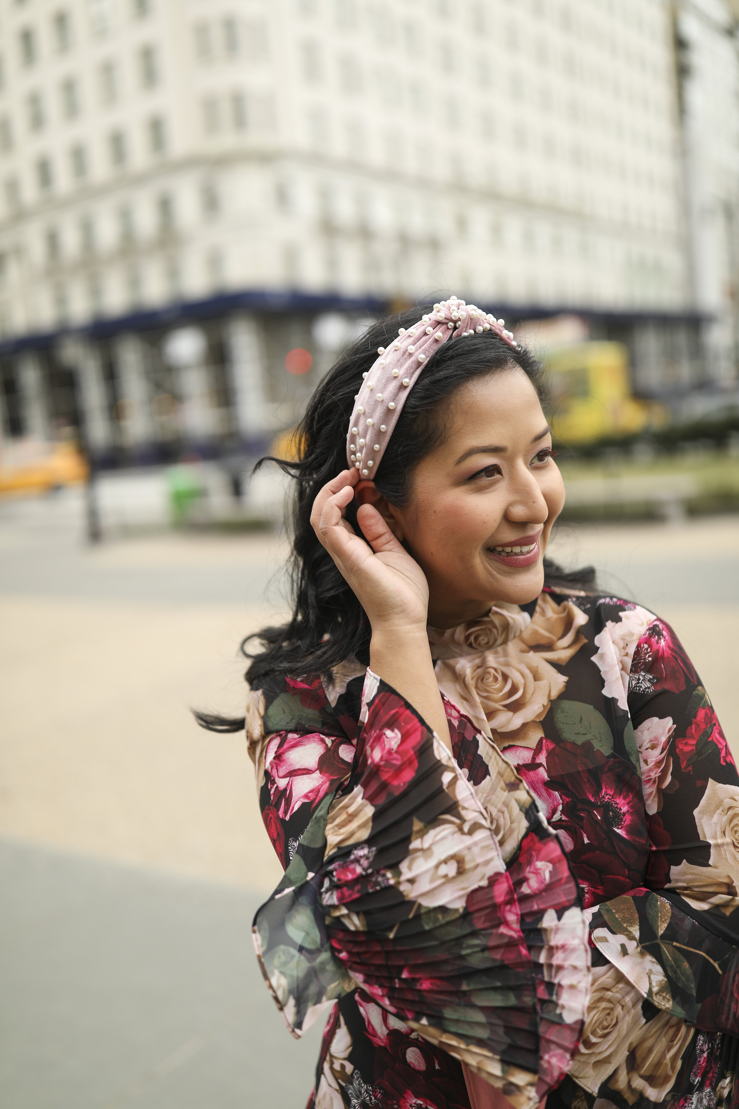 Floral Dress and Pearl Headband Valentines Day Outfit