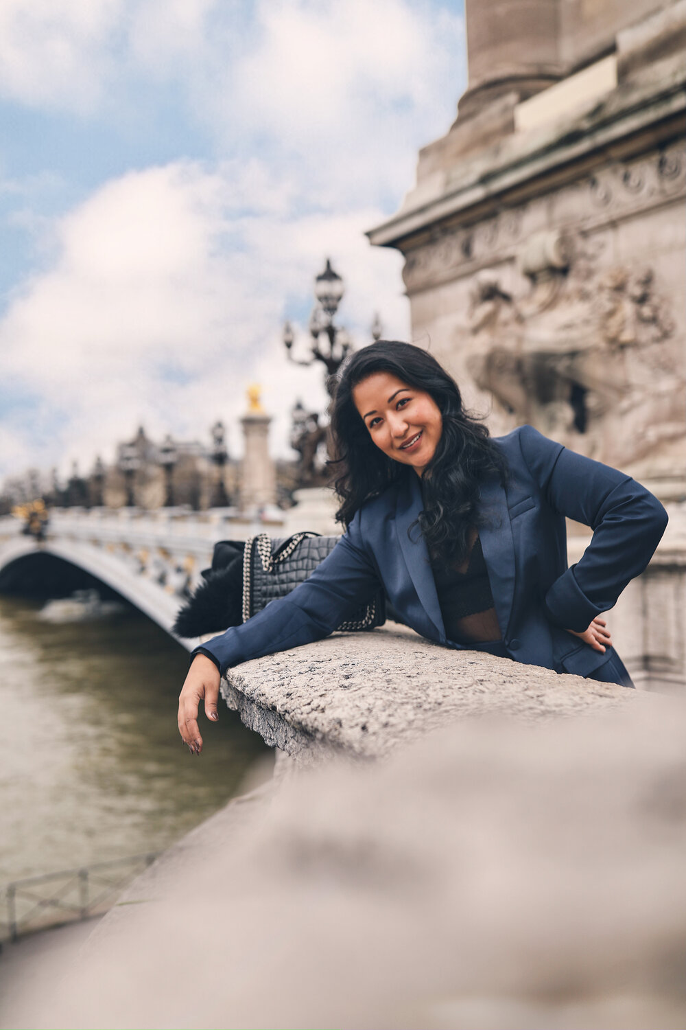 Pont Alexandre III Bridge Paris Instagramable Photo Location – Navy Satin Suit