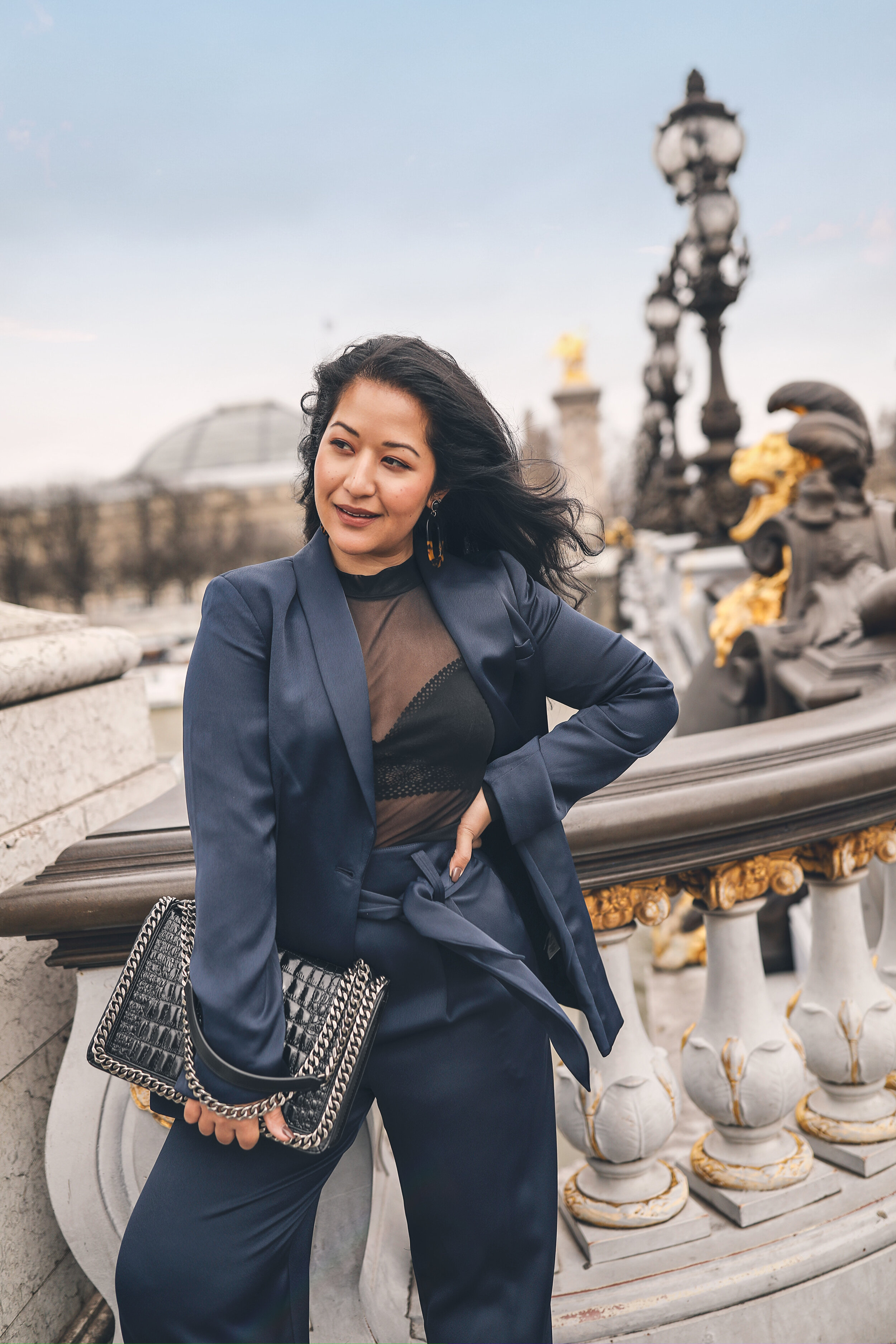 Pont Alexandre III Bridge Paris Instagramable Photo Location – Navy Satin Suit