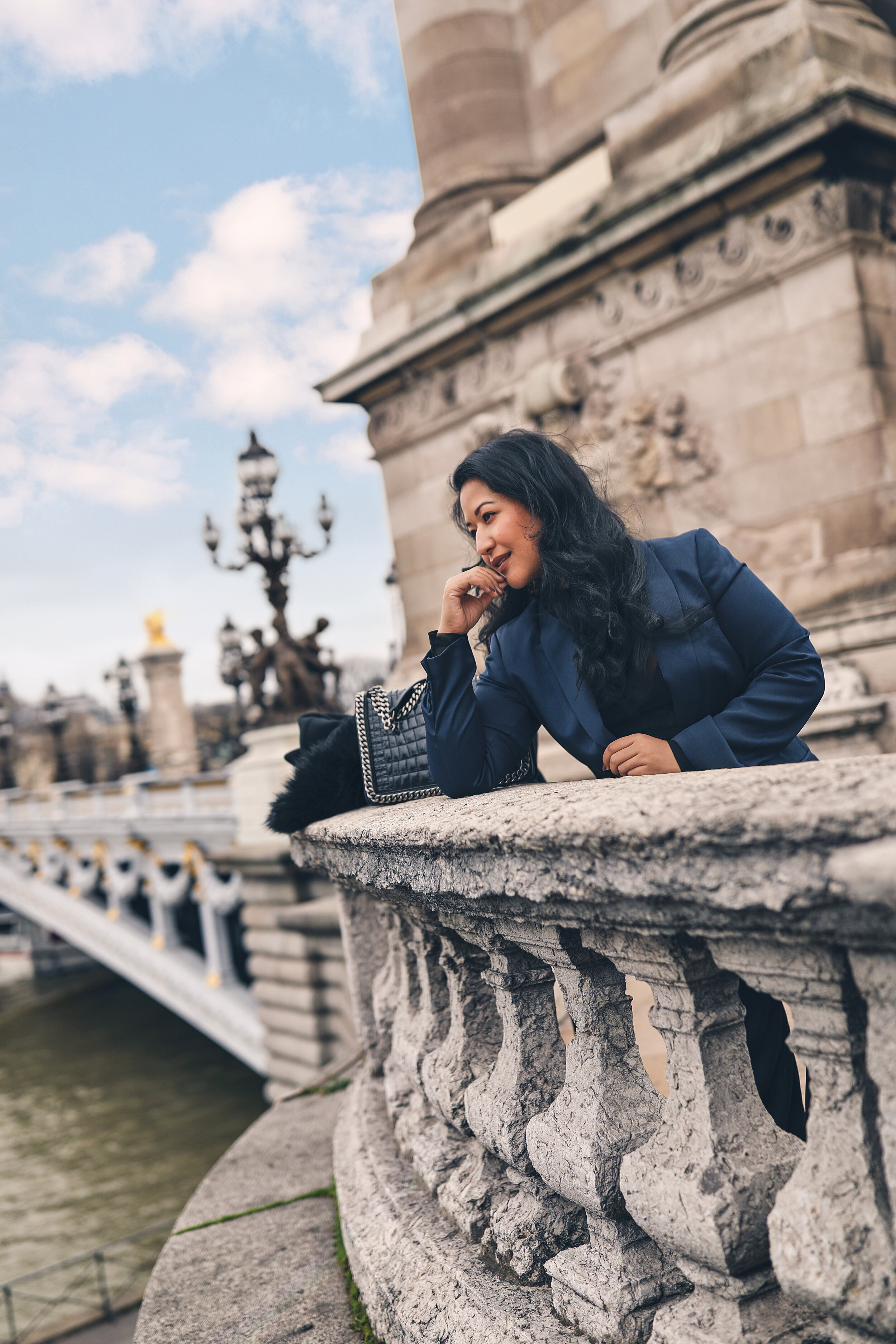 Pont Alexandre III Bridge Paris Instagramable Photo Location – Navy Satin Suit