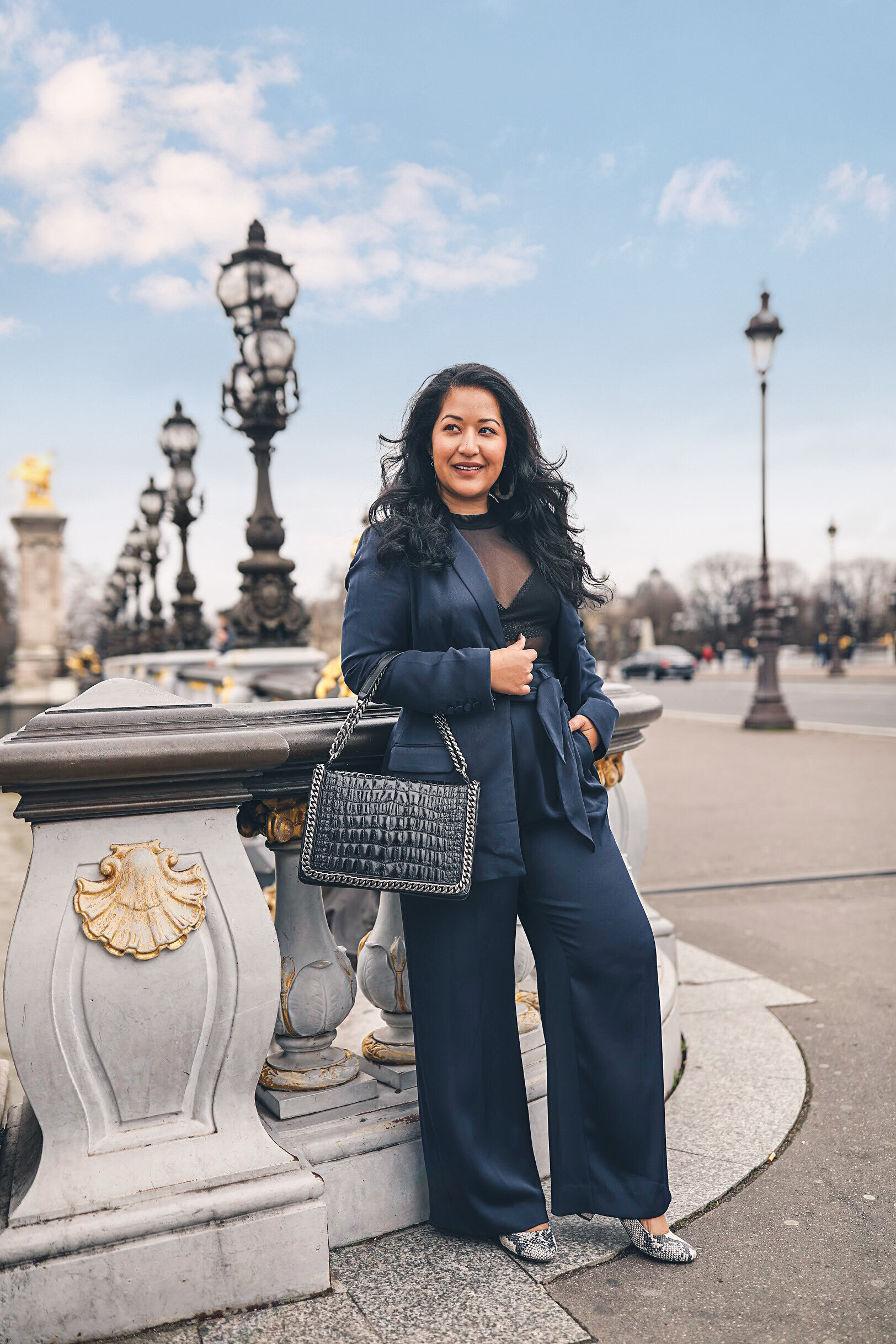 Pont Alexandre III Bridge Paris Instagramable Photo Location – Navy Satin Suit