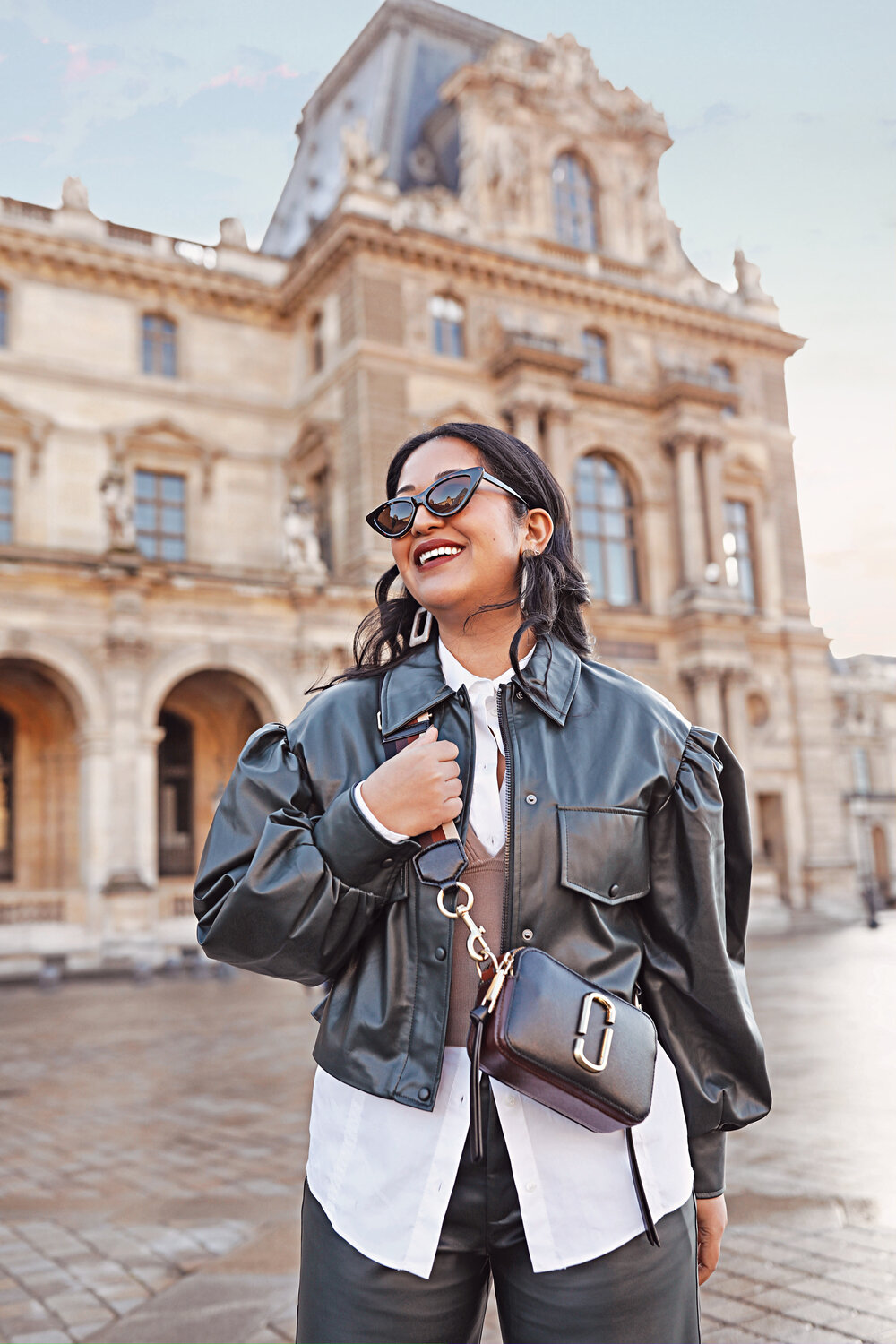 Louvre Paris Instagramable Photo Location – Green Leather co-ord set Marc Jacobs Bag