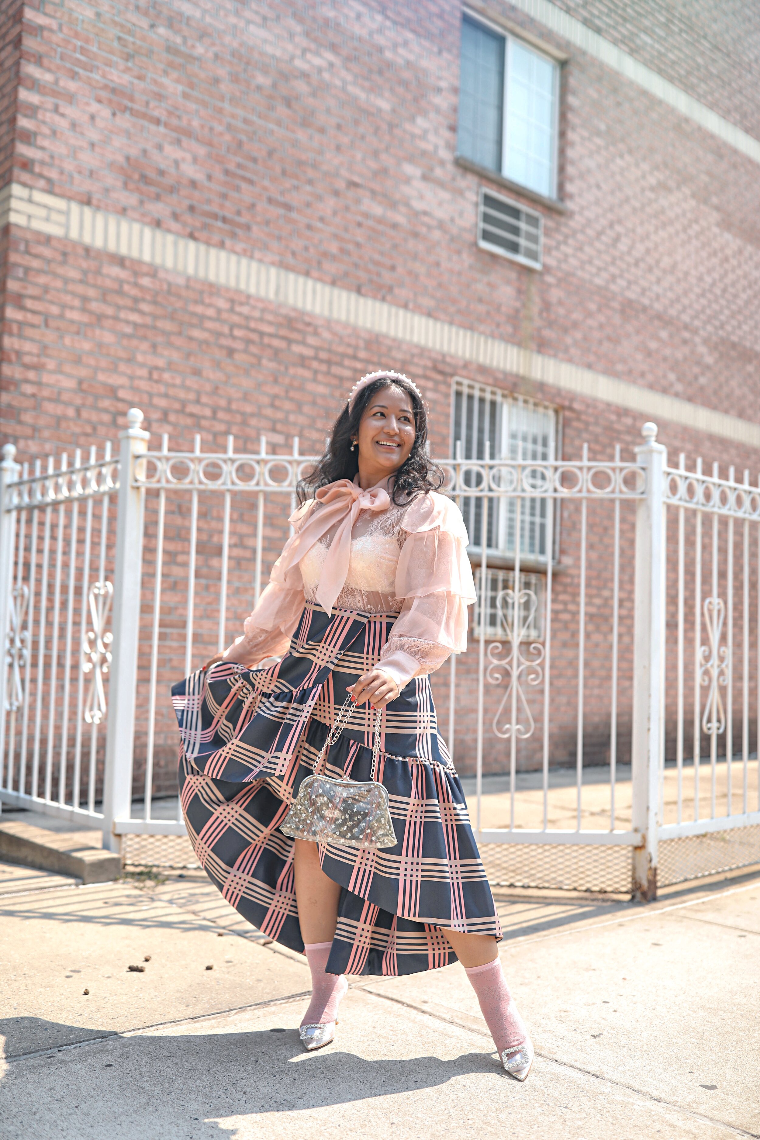 Krity S girly style pink blouse and plaid skirt 