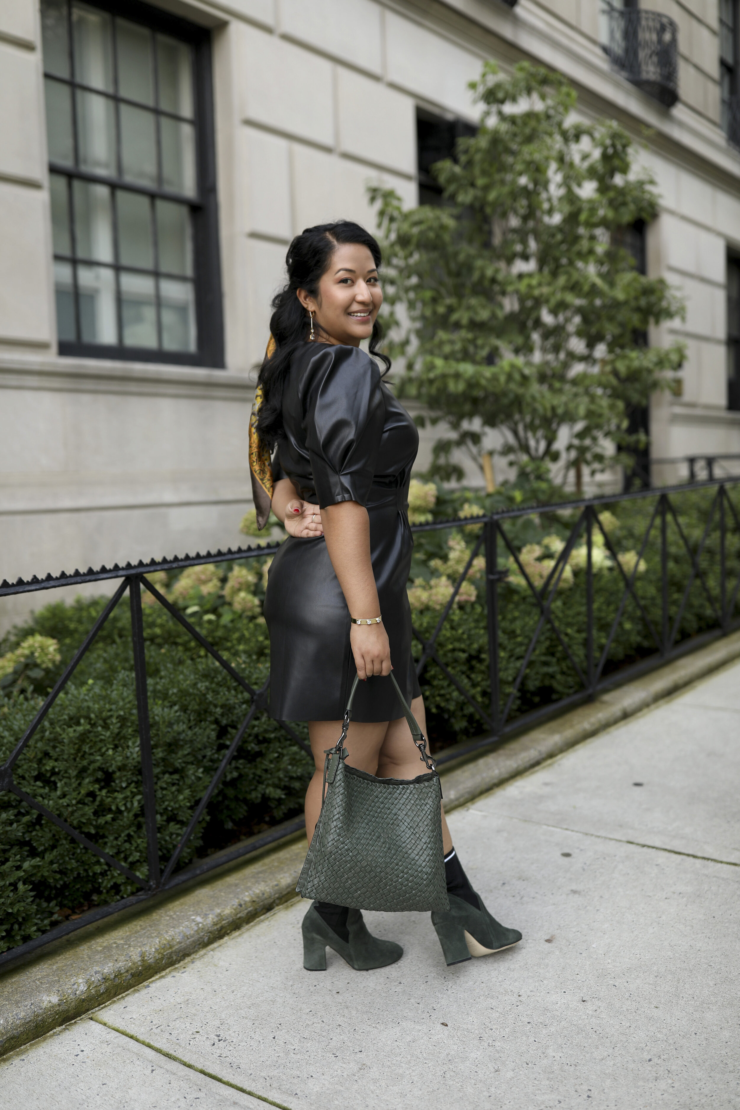 Fall outfit- leather dress Etienne Aigner Bag and shoes 