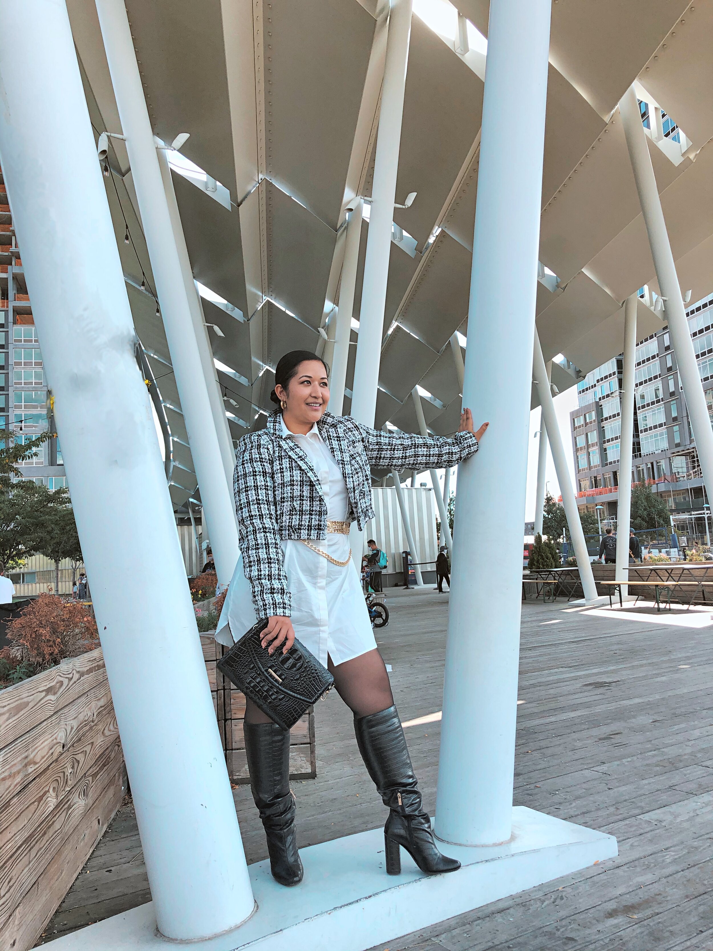 Tweed blazer over white shirt dress