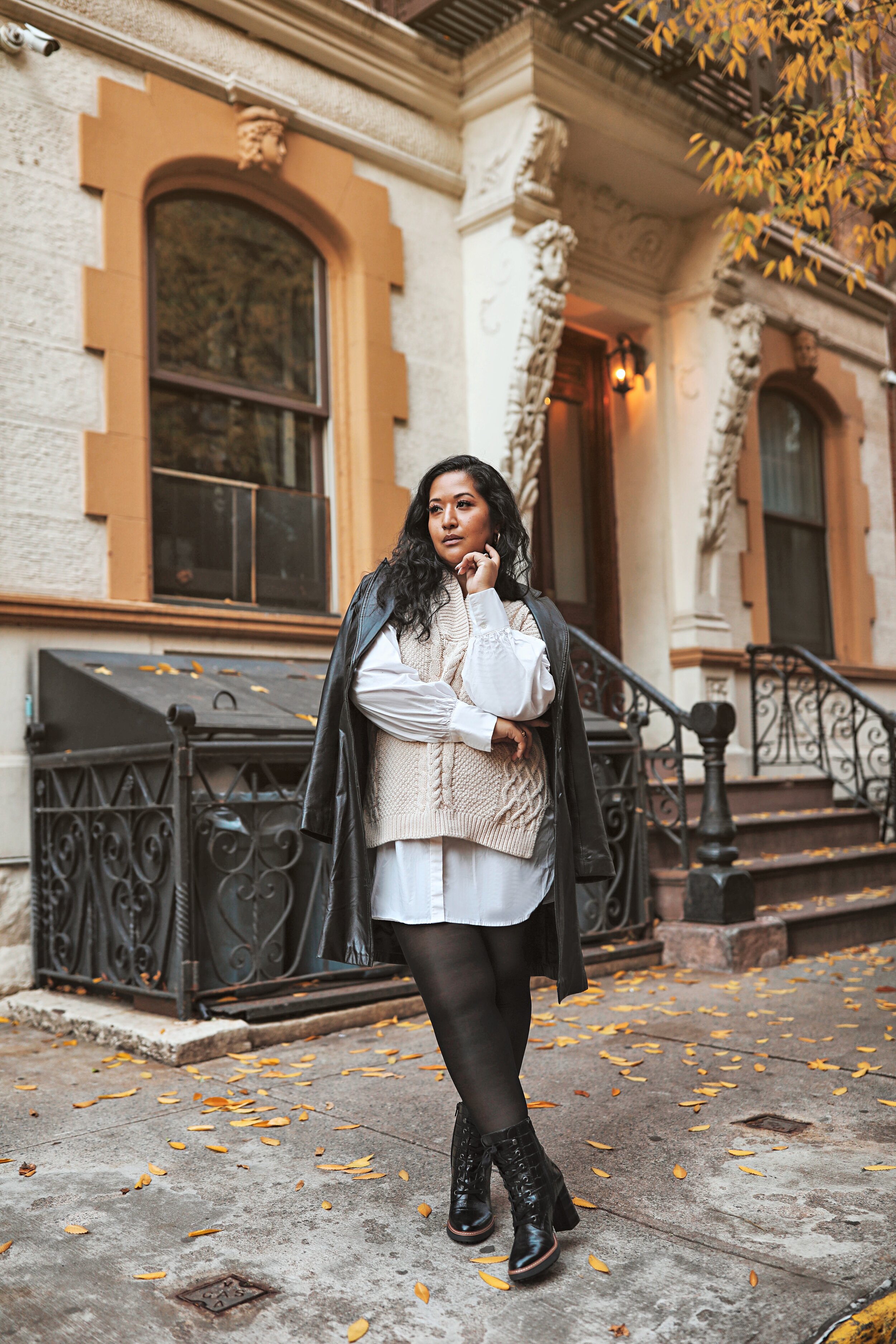 Leather Trench Coat Outfit- Sweater Vest over white shirt 