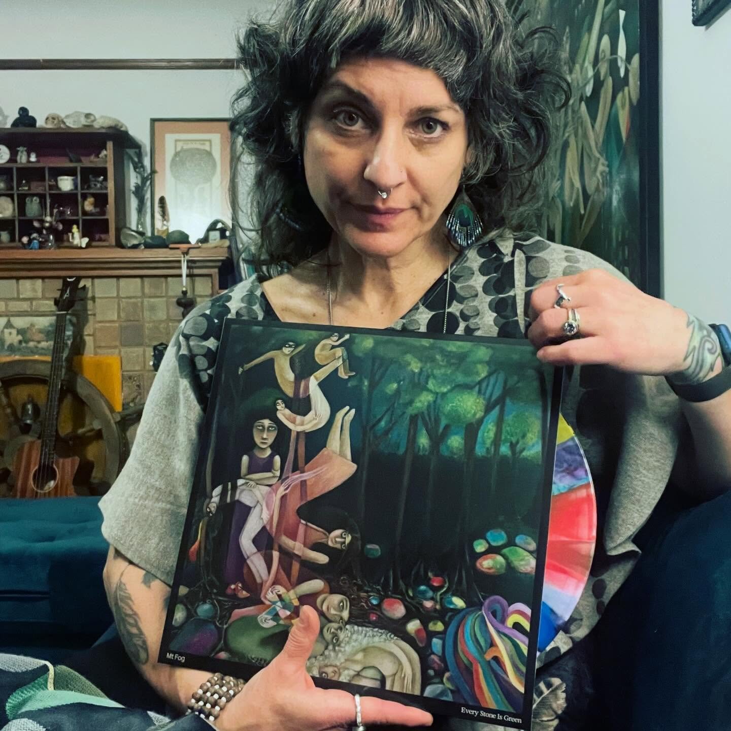 I'm feeling big feelings and so much love for Carolyn B, @selectlevel &amp; @c.rosebridge of @mt.fog as I hold my first vinyl cover complete with the painting I did for their new album Every Stone is Green. ( the one I have is the special wax mage te