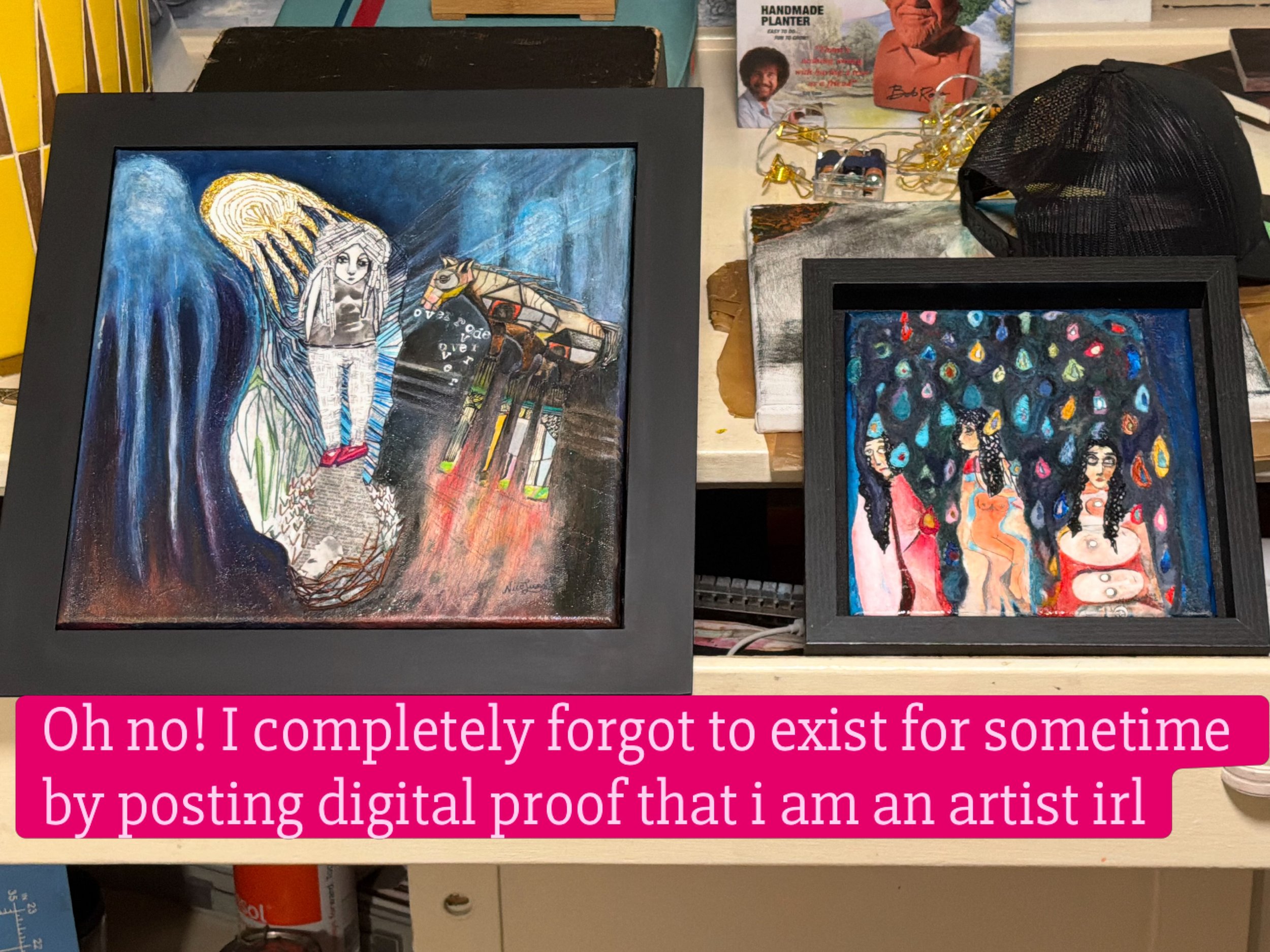 Am i real now? Cuz here's two weird pieces that are part of an ongoing 'mending' series of mixed media pieces that include painting, collage, embroidery, needle felting... these two are for the blind bird show in Blaine Wa in participation with other