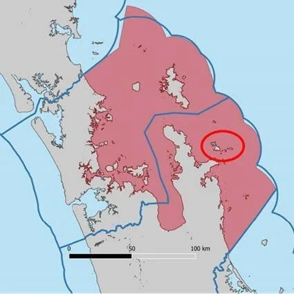   Figure 1 - The Mercury group is located in the Hauraki Gulf Marine Park (pink shaded area), about 65k from Aotea Great Barrier.  