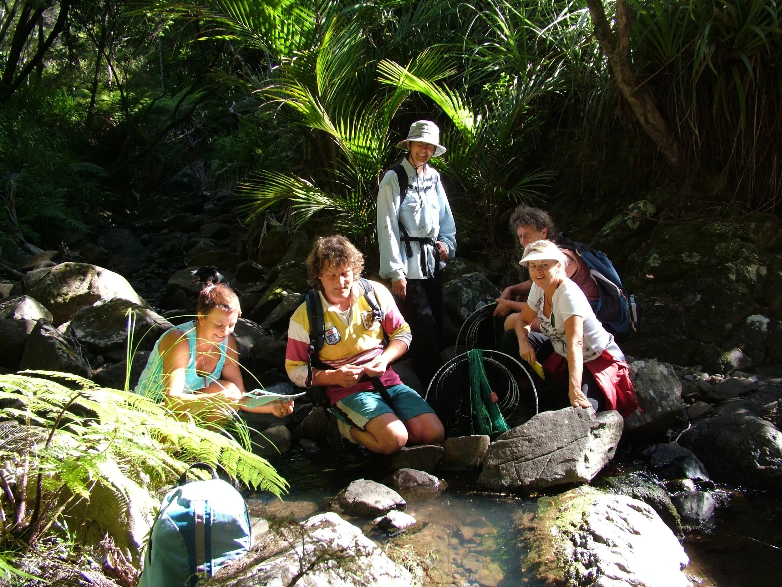   Freshwater stream monitoring (l to r): Jo Ritchie, Dean Medland, Rachel Wakefield, Rose Harland, and Judy Gilbert  