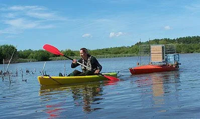  Water skills required: Large cage traps for bittern and other equipment are all transported around Lake Whatuma near Waipukurau, by kayak. Photo by John Cheyne 