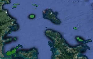   Predator and pest free islands of the Hauraki Gulf (shaded in green). Great Mercury Islands are at bottom right. Image: Google Earth, 2016.  