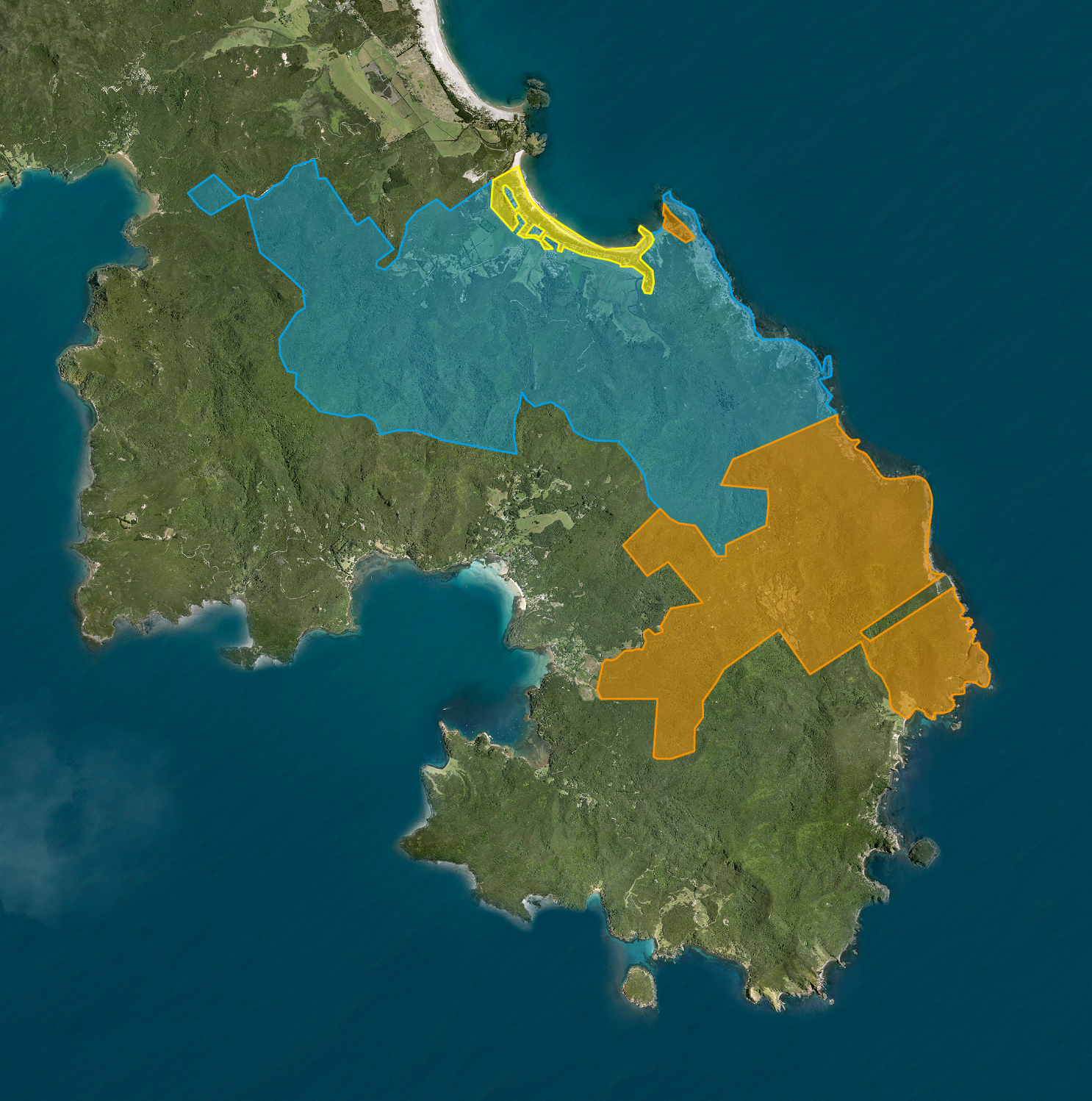   Map showing current phase 1 at Oruawharo Medlands Wetland (shaded in yellow) and proposed phase 2 (shaded in turquoise) areas, together with Windy Hill Sanctuary and ‘satellite’ region (shaded in orange). (Base map: Shaun Lee using data captured for Auckland Council by AAM NZ Ltd. Overlay: Hannah Smith)  