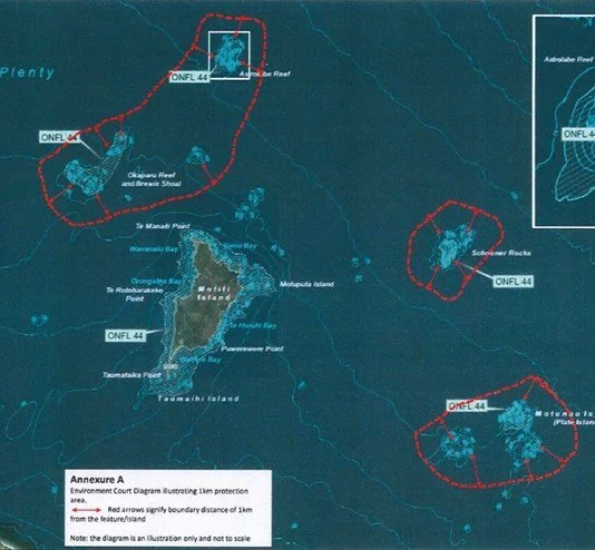   Figure 1 - Protected areas around Motiti Island as set out in the Environment Court’s interim decision (1)   