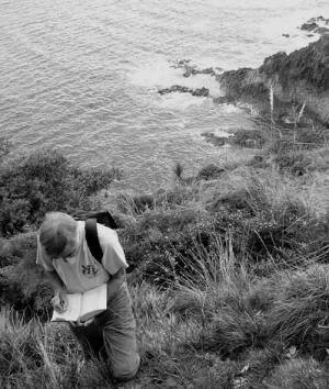   The author recording grey-faced petrel burrows on a fine day at Awana in 2006.  