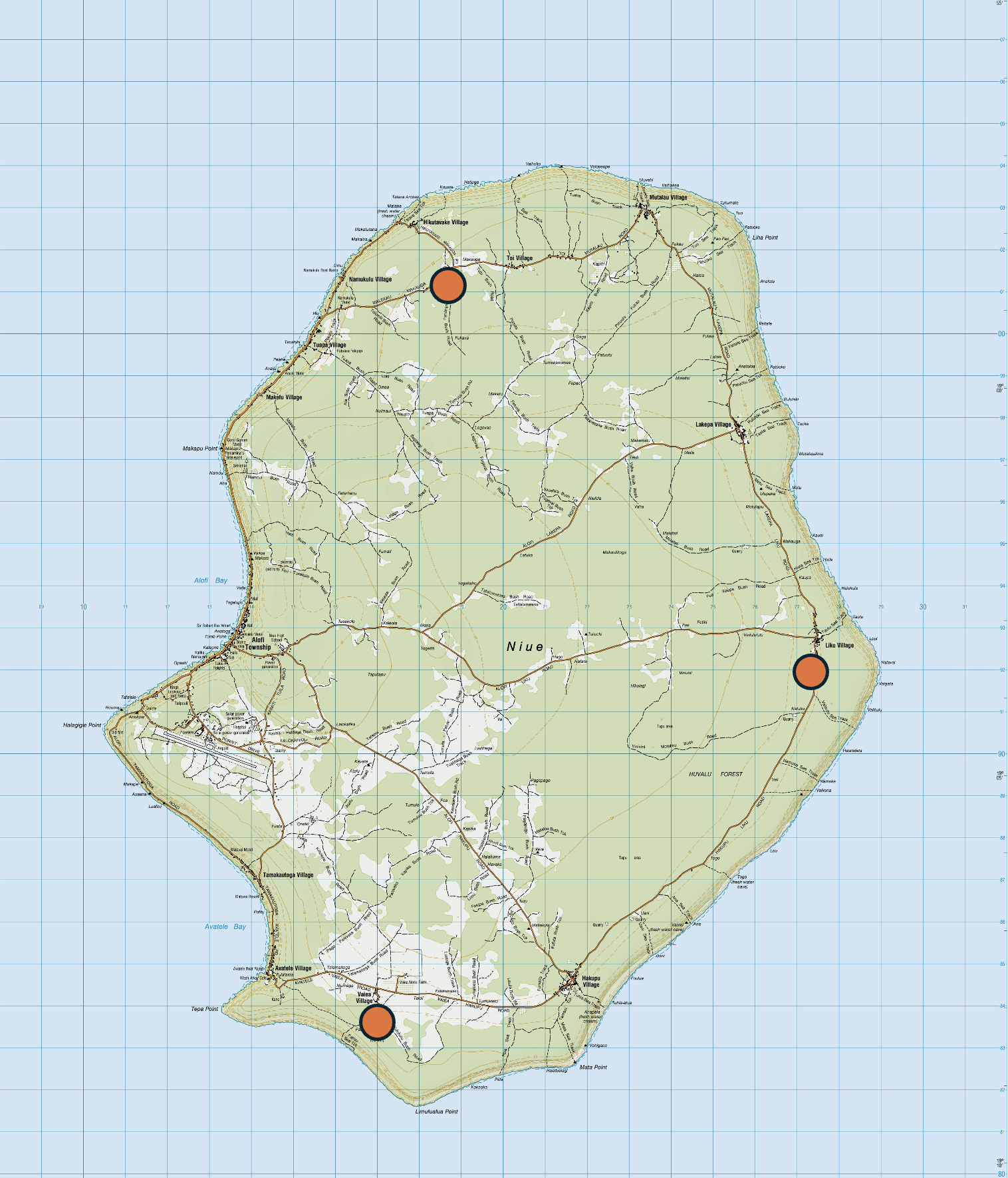  Map of Niue showing three sites that have African tulip tree 
