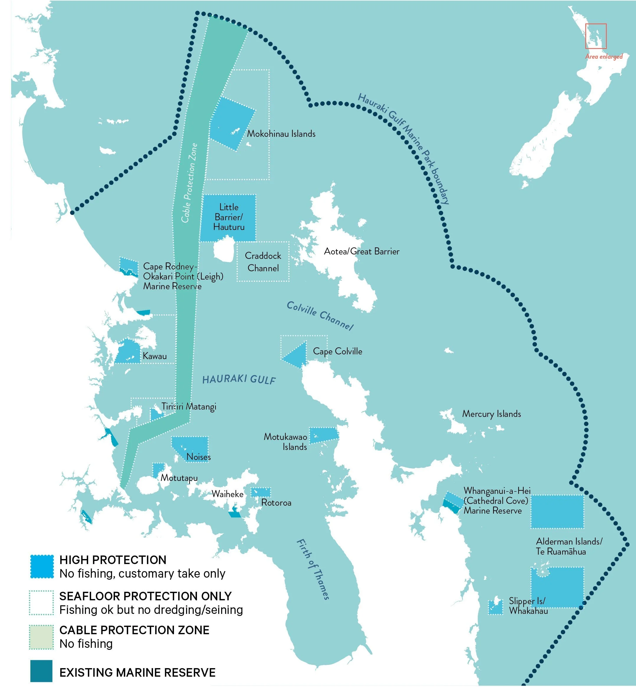   MPAs proposed by Revitalising the Gulf. Source: New Zealand Geographic(10). Note: a correction has been made to the original figure clarifying that fishing is not allowed in the Cable Protection Zone  