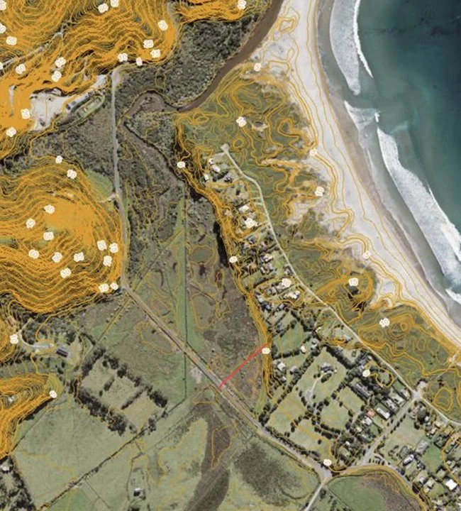   Aerial map of Oruawharo wetland showing contours and approximate location of transect line (red).  