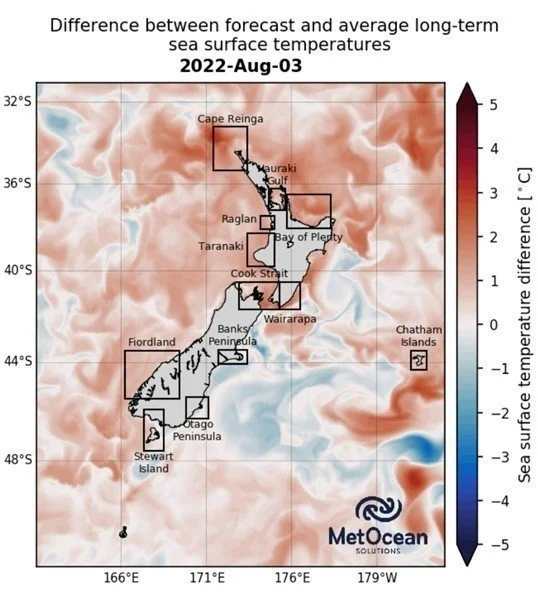     Difference between forecasted sea surface temperatures and the long term average for this time of year. Red shading indicates that the ocean is currently warmer than normal, blue that it is colder.  