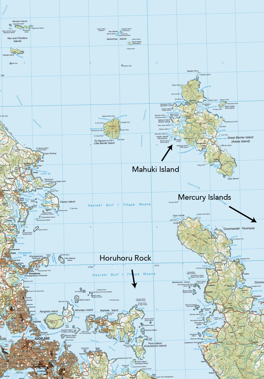   Figure 1 - Gannets from the colony off Waiheke Island were found to forage mostly in the inner gulf, while birds from Mahuki Island off Aotea foraged from the Hen and Chickens down to the Mercury Islands  
