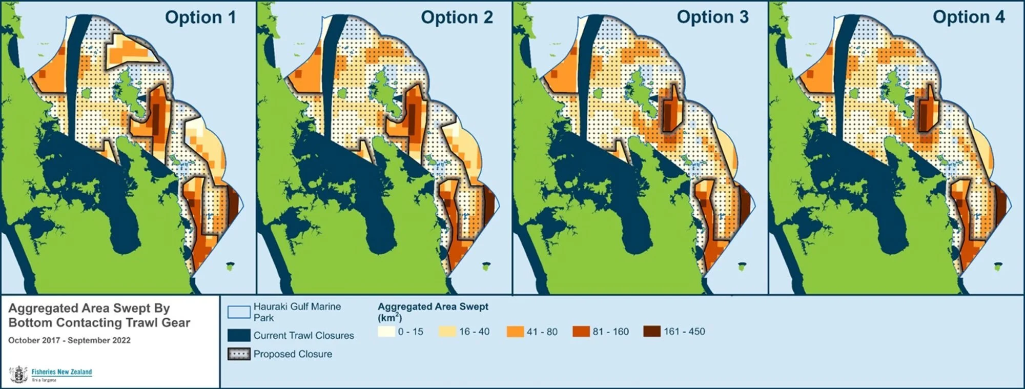   The four ‘trawl corridors’ proposed by Fisheries New Zealand  