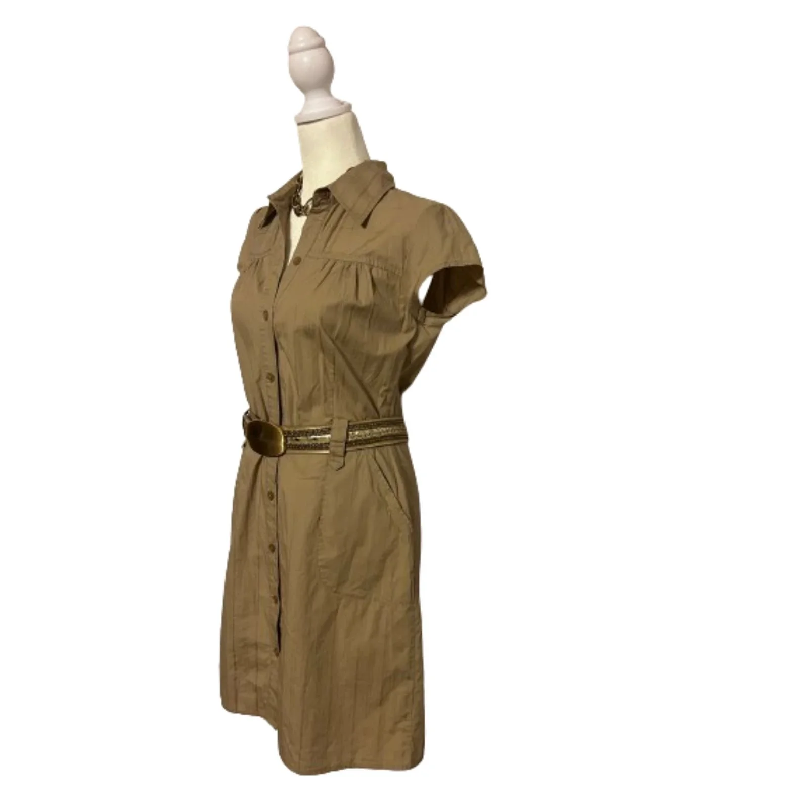 IZ Byer California Short sleeve Button Down Khaki Dress l Size M