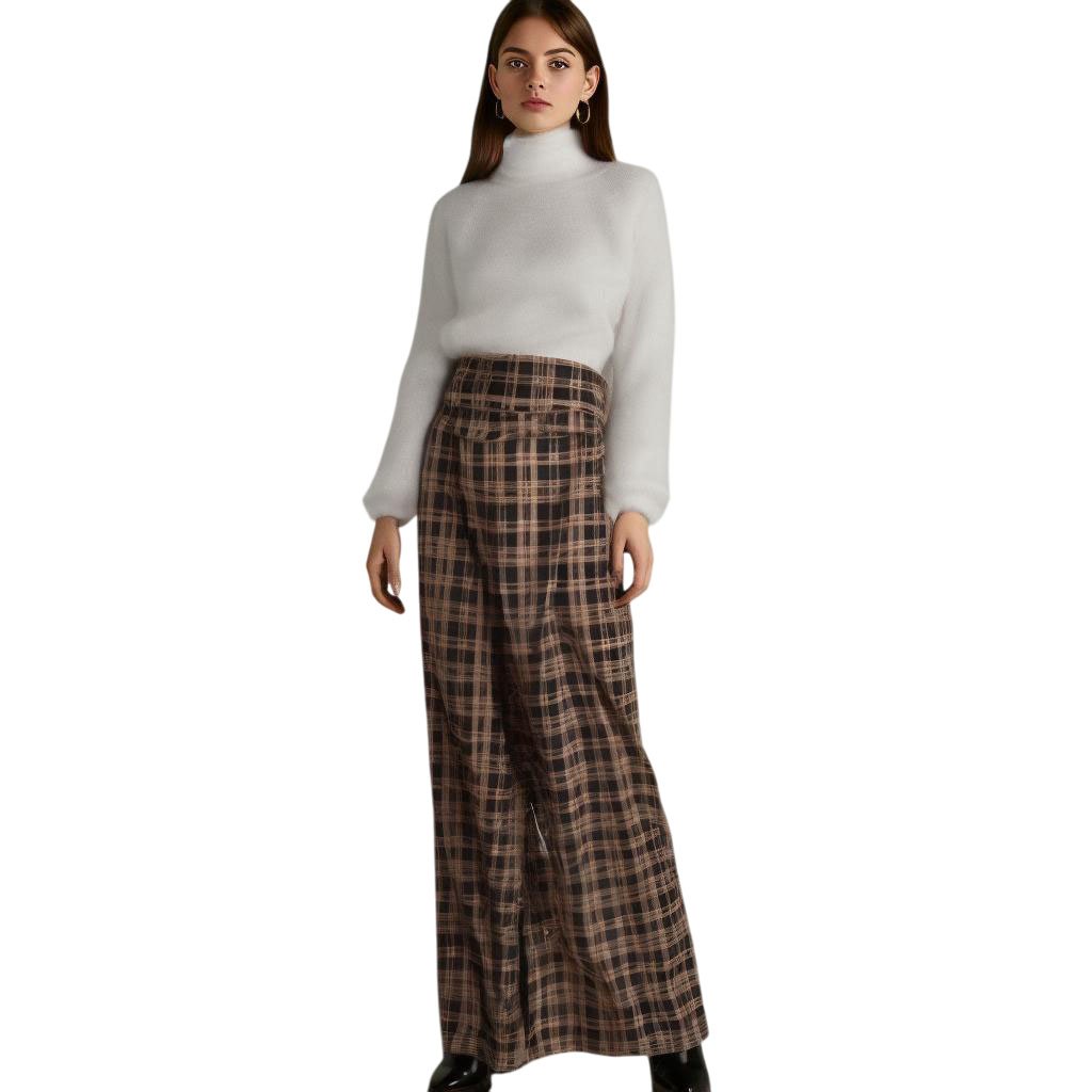 Unique Vintage Dark Academia Retro Style Brown Plaid Wide Leg Pants l Size 14