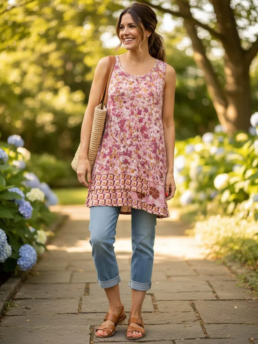 Logo Layers Floral Mixed Pattern Tunic Top - Size M