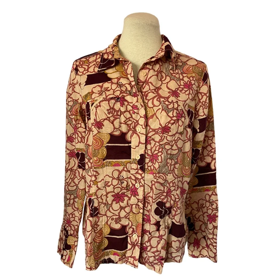 i.e. Relaxed Floral Burgundy Beige Long Sleeve Top l Size M Petite