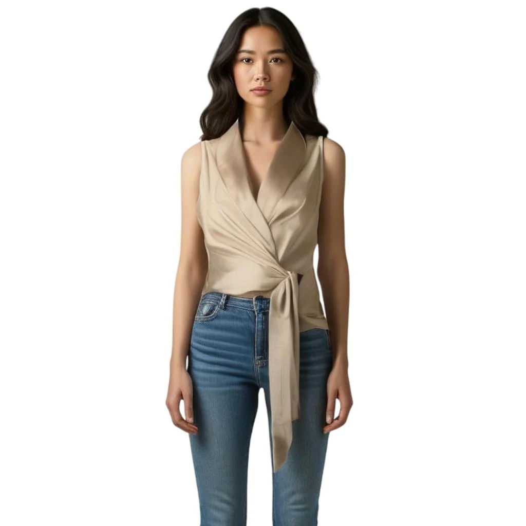 Satin Champaign Beige Wrap Tie Front Sleeveless Top l Size L