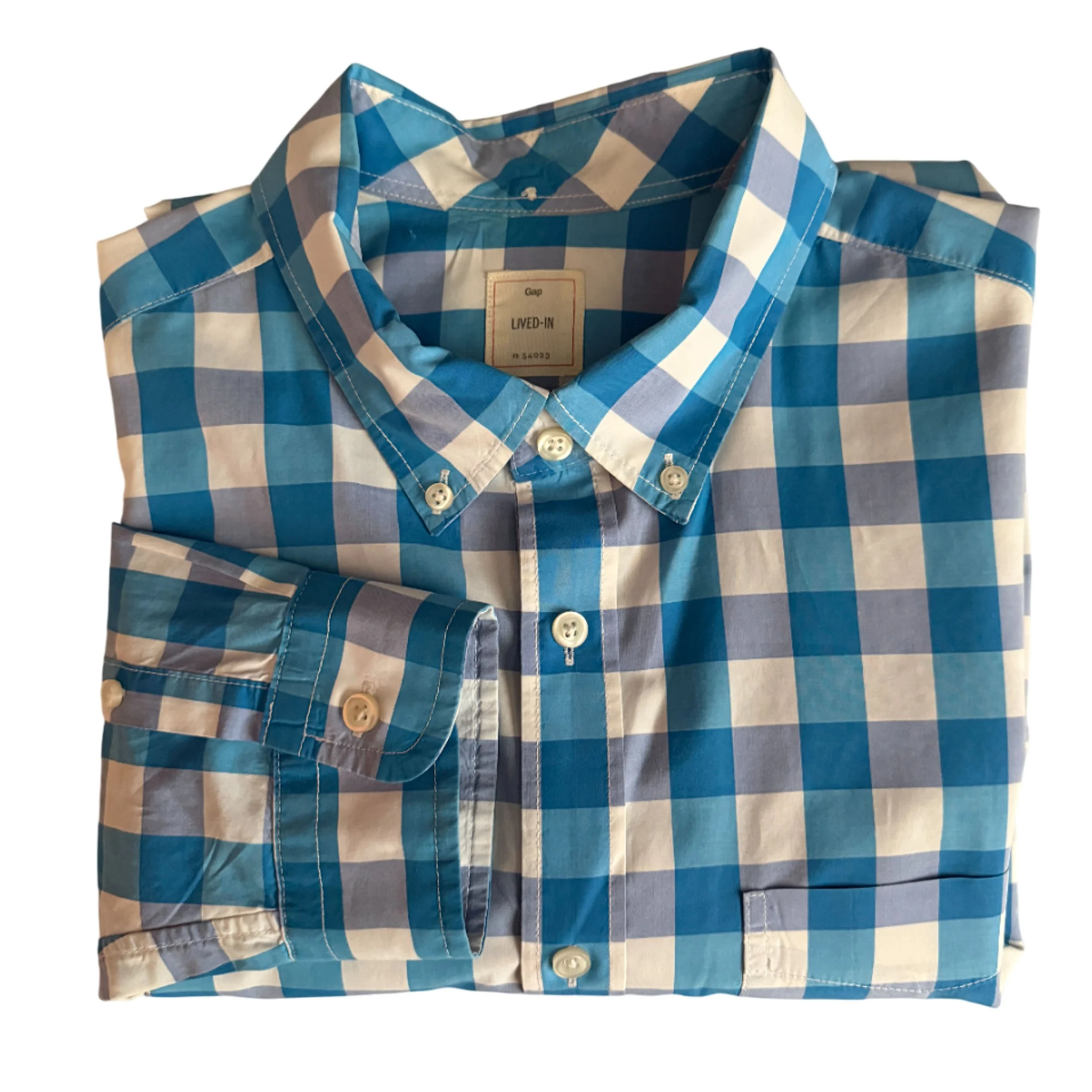 Gap Blue and White Plaid Long Sleeve Button-Down Shirt l Size L