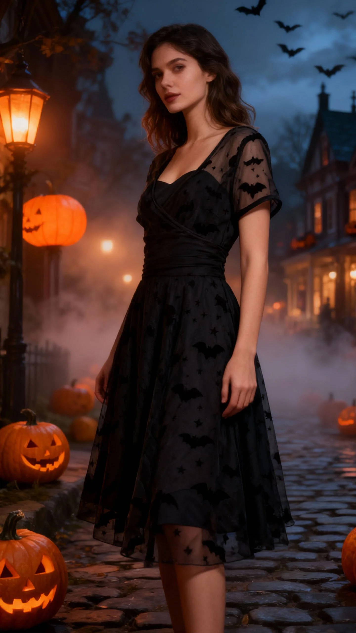 Magnolia Place Black Goth Bat Print Fit & Flare Dress l Size M