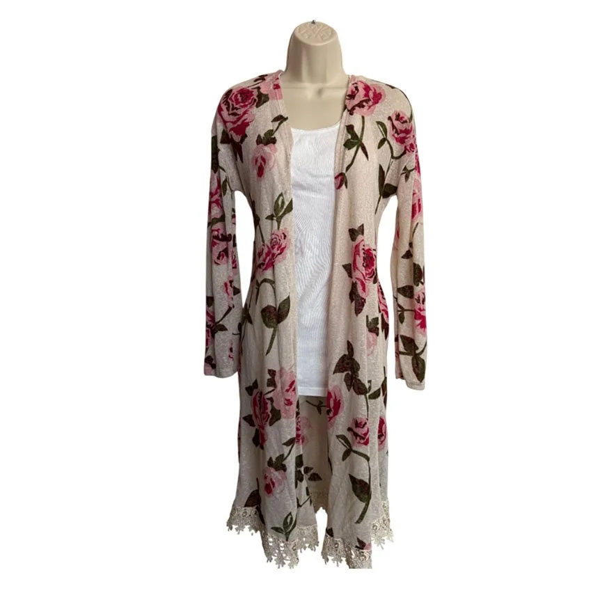 Freshman Beige & Pink Floral & Lace Trim Cardigan Duster Sweater l Size M