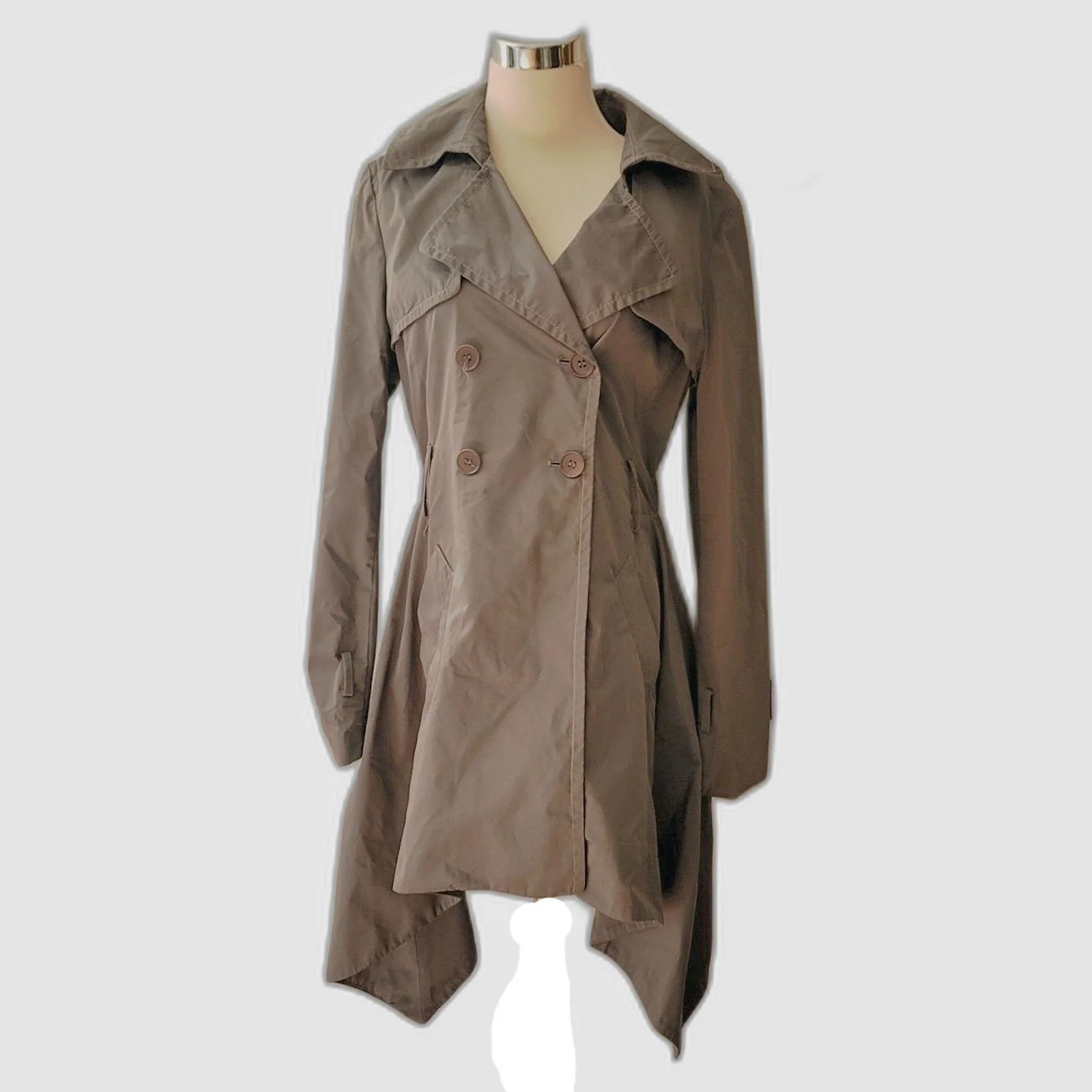 BCBG Ma Azria Gray Nylon Trench Ruffle Coat Size M