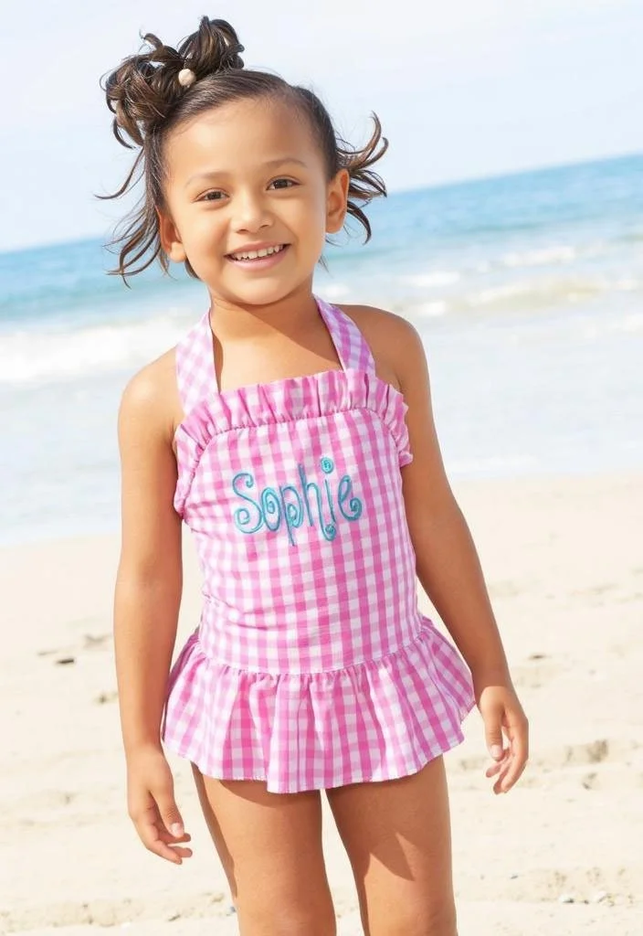 Be Mine Pink & White Plaid Sophie Monogram Swimsuit l Size 24 Months